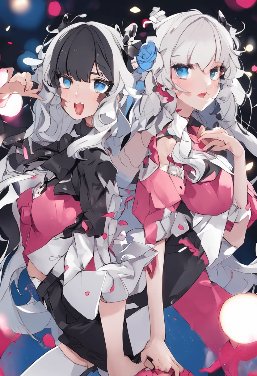 Original character two twins licking a lollipop, one with black hair and the second with white hair, one with big breasts and the second with small breasts, both have bright blue eyes and their lips are black and white lipstick