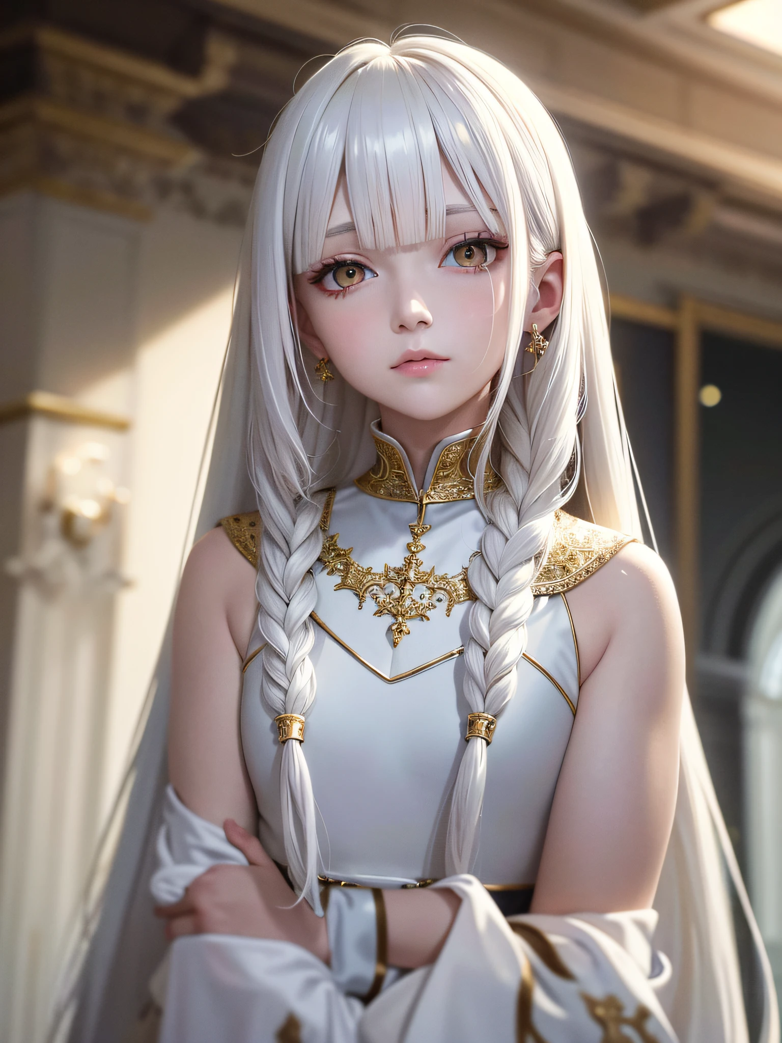 best quality, masterpiece,white hair, gold eyes,white clothes, looking up, upper body,hair strand,Fair skin,side braids