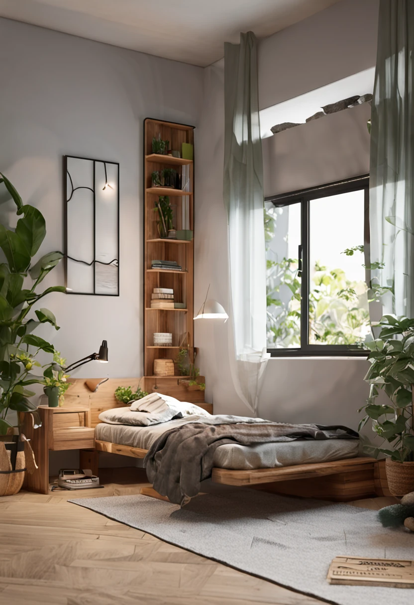 Imagine a room of limited space, mas com um design moderno e funcional. How would you optimize the use of space to accommodate the essential furniture and still create a small interior garden as a focal point?? Descreva como os elementos de design se unem para criar um ambiente harmonioso.