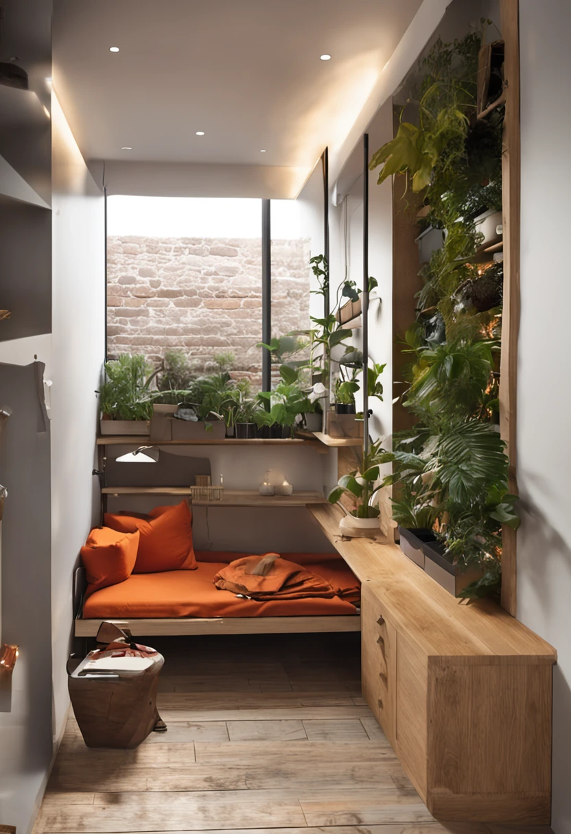 Imagine a room of limited space, mas com um design moderno e funcional. How would you optimize the use of space to accommodate the essential furniture and still create a small interior garden as a focal point?? Descreva como os elementos de design se unem para criar um ambiente harmonioso.
