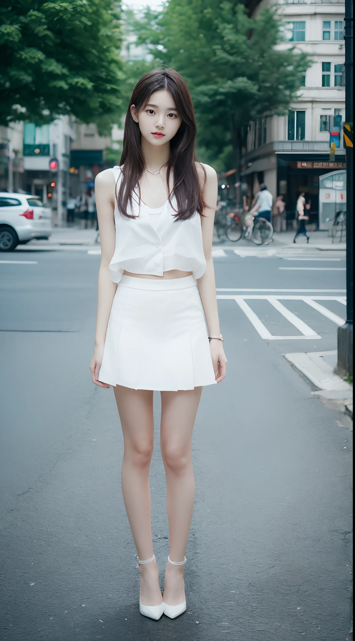 top Quority，Ultra-clear resolution，Clear  eyes，plain face，s the perfect face，White skin，Perfect chest，with perfect legs，Long legs，Short black style skirt，Random environment