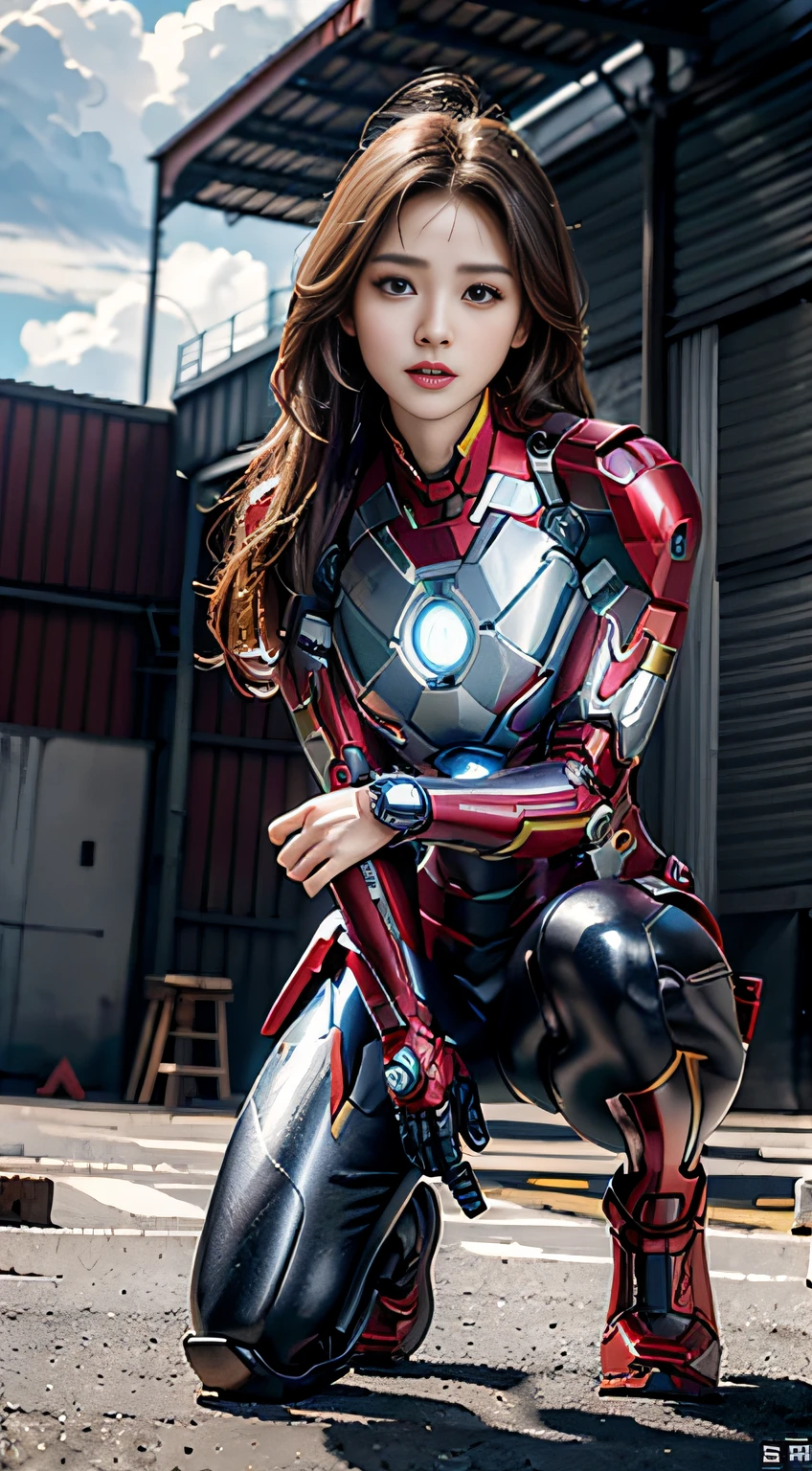 8k，realisticlying，Glamorous，The is very detailed，A 20-year-old girl, a sexy and charming woman, is inspired by Iron Man，An enchanting sexy pose，Half squatted on the ground，Wearing a shiny Iron Man mech。She dresses to show sexiness and confidence，It perfectly interprets the power and charm of Iron Man。Abandoned warehouse as background，It creates a unique atmosphere，Highlight her bravery and perseverance。The cloudy sky adds a touch of tension and mystery to the entire scene。This one is high definition、High-quality images will give you a stunning visual experience，Detailed abandoned warehouses and shiny mechs will keep your eyes peeled。OC rendering，dramatic lights，Award-winning quality