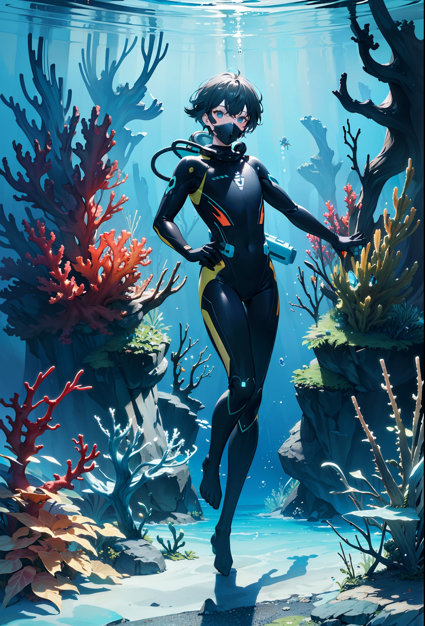 Masterpiece, best quality, (very detailed CG unity 8k wallpaper) (best quality), (best illustration), (best shadows), futuristic underwater garden, coral, seaweed, 1 man wearing a scuba diving suit, flippers, transparent full face mask, swimming, bubbles, dynamic pose, dynamic angle, action pose, underwater futuristic facility, high tech