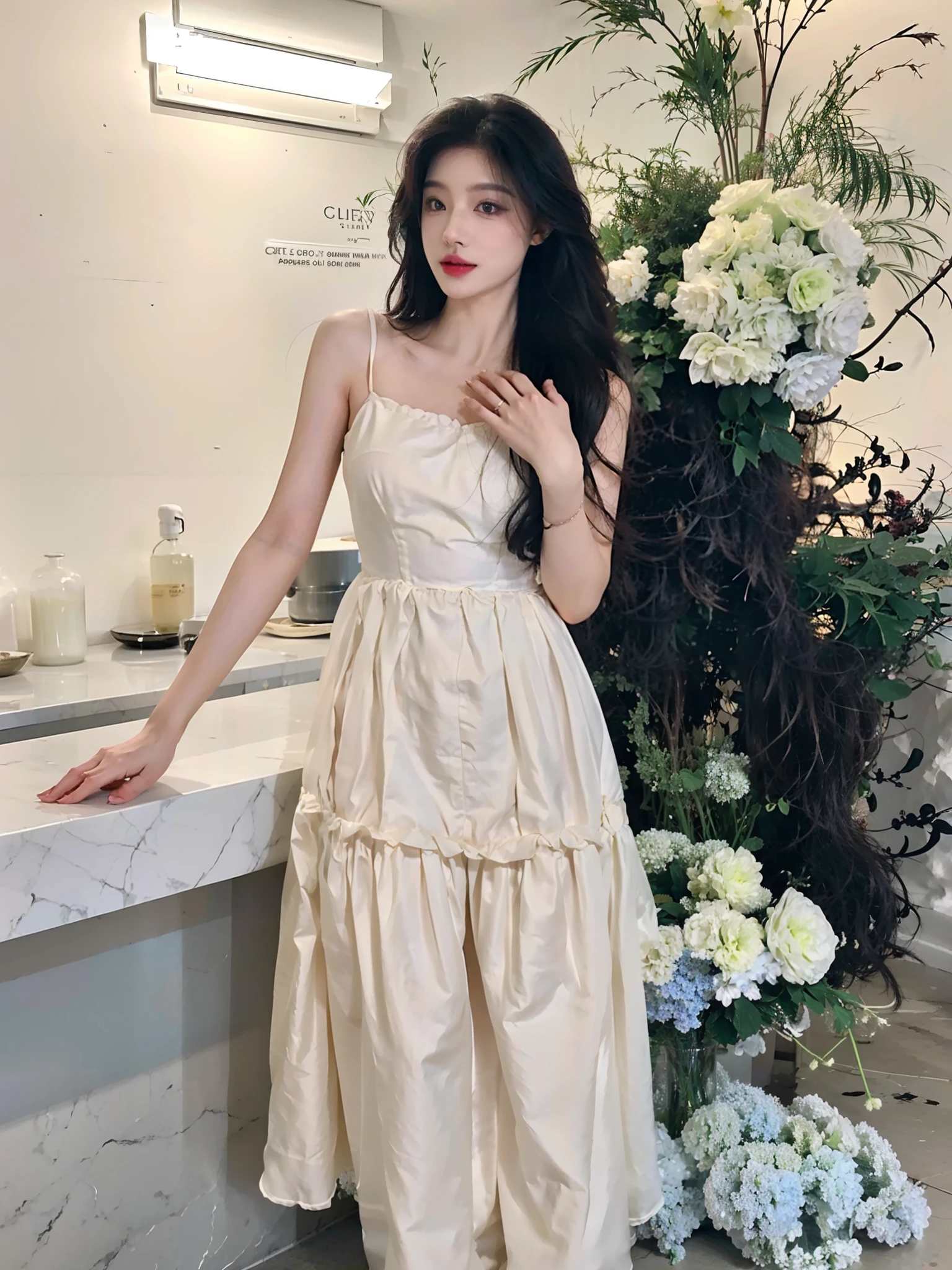 Close-up of a woman standing in front of the counter, Long dress, soft silk dress, dress, light half opened dress, Women's long skirt, simple dress, Elegant dress, 🤬 🤮 💕 🎀, 360*, shaxi, Conque, Luxury dress, eora, trendy dress, Femme, height of 165cm, personal profile picture，（（（Open-mouthed））），（（（teeth））），seductiv