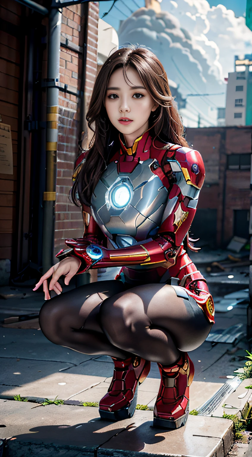 8k，realisticlying，Glamorous，The is very detailed，A 20-year-old girl, a sexy and charming woman, is inspired by Iron Man，An enchanting sexy pose，Half squatted on the ground，Wearing a shiny Iron Man mech。She dresses to show sexiness and confidence，It perfectly interprets the power and charm of Iron Man。Abandoned warehouse as background，It creates a unique atmosphere，Highlight her bravery and perseverance。The cloudy sky adds a touch of tension and mystery to the entire scene。This one is high definition、High-quality images will give you a stunning visual experience，Detailed abandoned warehouses and shiny mechs will keep your eyes peeled。OC rendering，dramatic lights，Award-winning quality