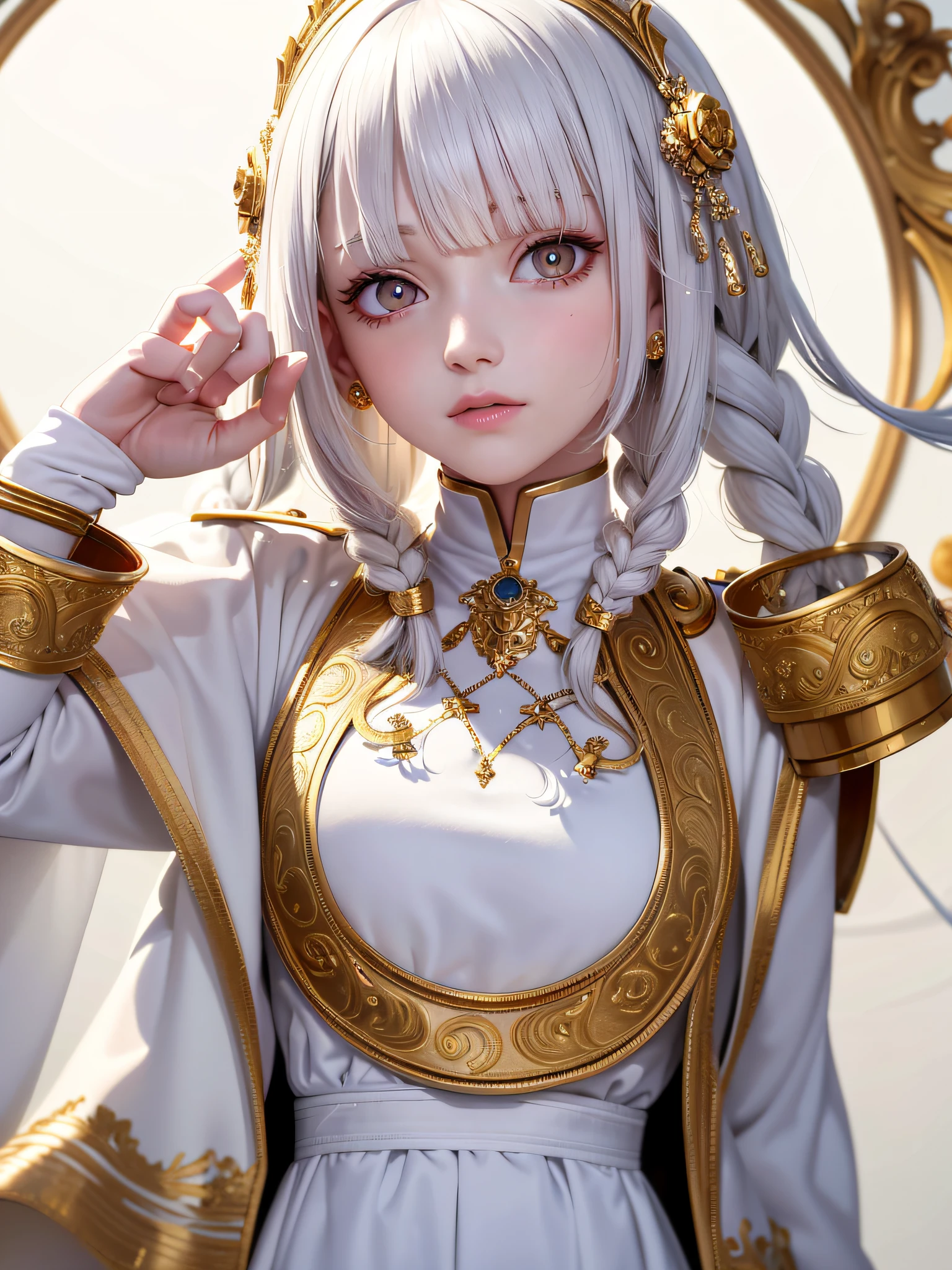 best quality, masterpiece,white hair, gold eyes,white clothes, looking up, upper body,hair strand,Fair skin,side braids