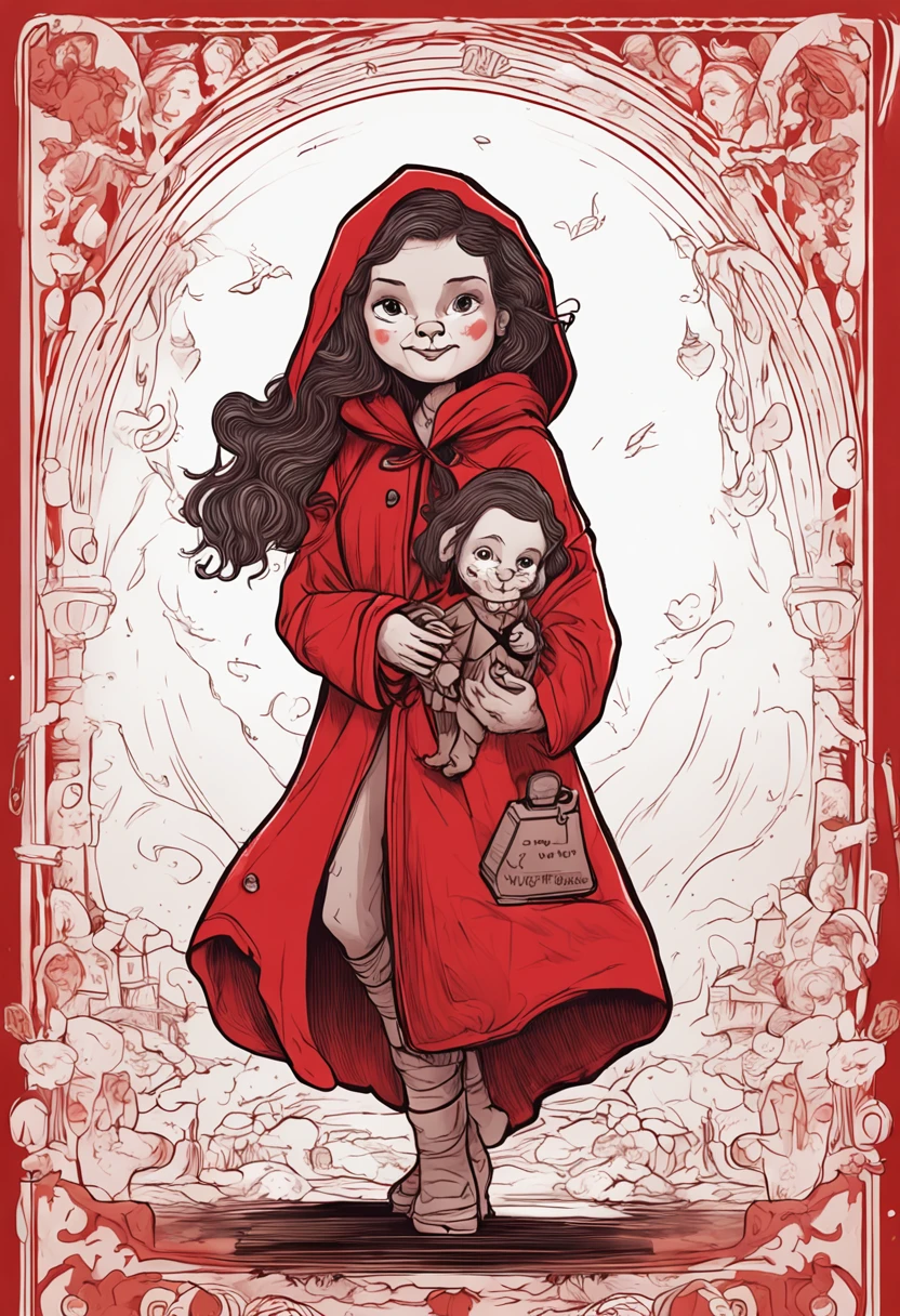 A cartoon girl in a red robe holds a flashlight and a teddy bear, littleredridinghood, littleredridinghood, Wearing a beautiful red robe, official fanart, fairy-tale illustration style, thief red riding hood, Fanart ", detailed fanart, Inspired by Claire Hummel, girl under lantern, Fanart, Red cover, Children's art on the art station, red capelet