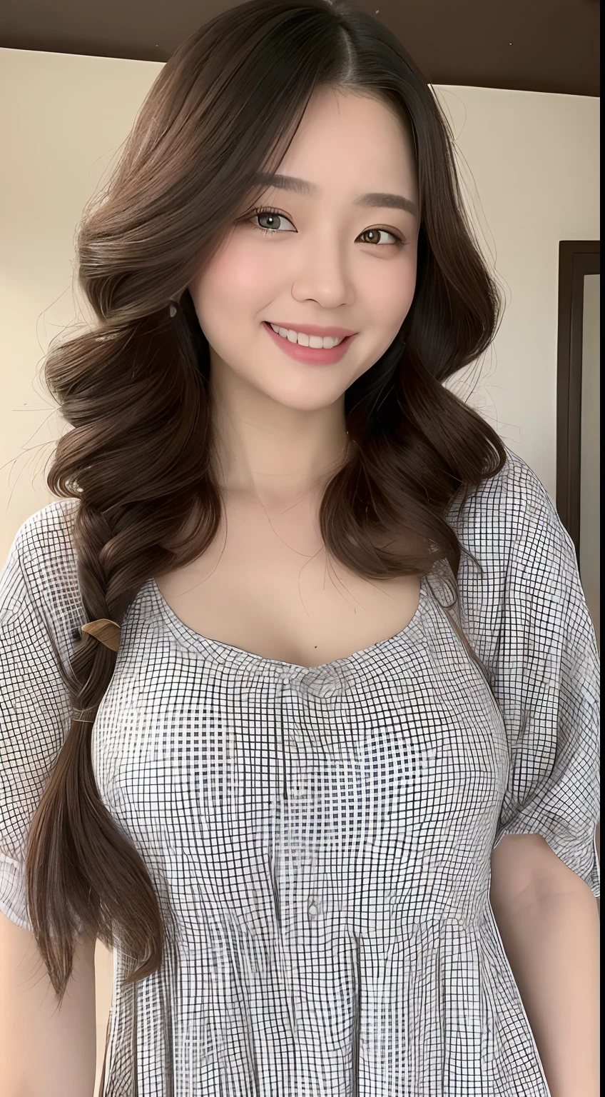 ((Best Picture Quality, 8k, tmasterpiece:1.3)), 1girl, Slightly chubby beauty:1.3, Plump 1.2,(Casual hairstyle, huge tit:1.2), shift dresses:1.1, Ultra-fine face, A detailed eye, 二重まぶた,ssmile,Park sports