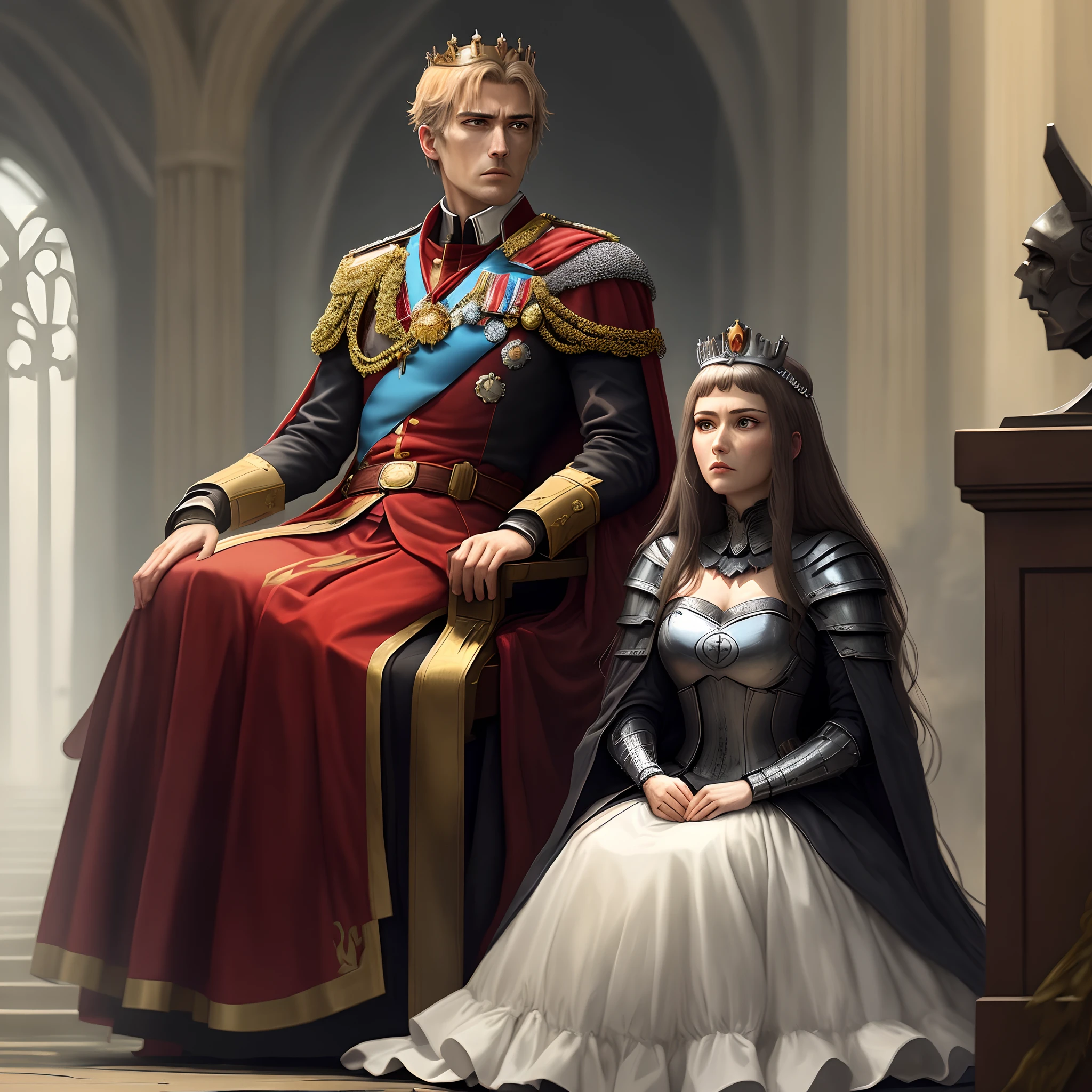The mutilated knight half-knelt to the empress on the throne to present the crown of the empire,The Empress looked down on the knights