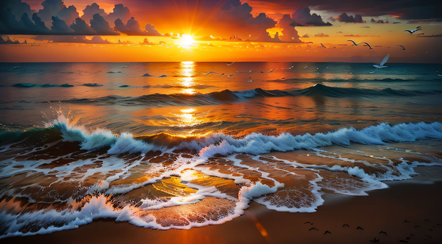 An absolutely mesmerizing sunset over the beach, with a blend of oranges, pinks, and yellows filling the sky. Crystal-clear waters of the sea gently kissing the shore, with sandy white beach stretching far and wide. The scene is dynamic and breathtaking, with seagulls soaring high in the sky and gently swaying palm trees. Take in the calming atmosphere and let the peacefulness wash over you.