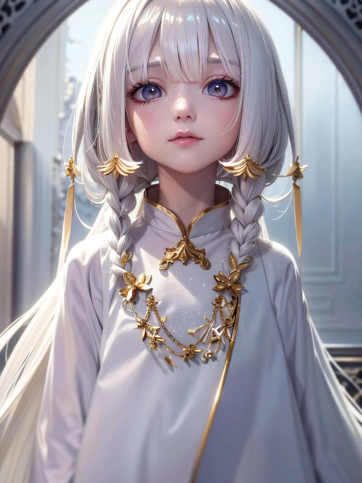 best quality, masterpiece,white hair, gold eyes,white clothes, looking up, upper body,hair strand,Fair skin,side braids