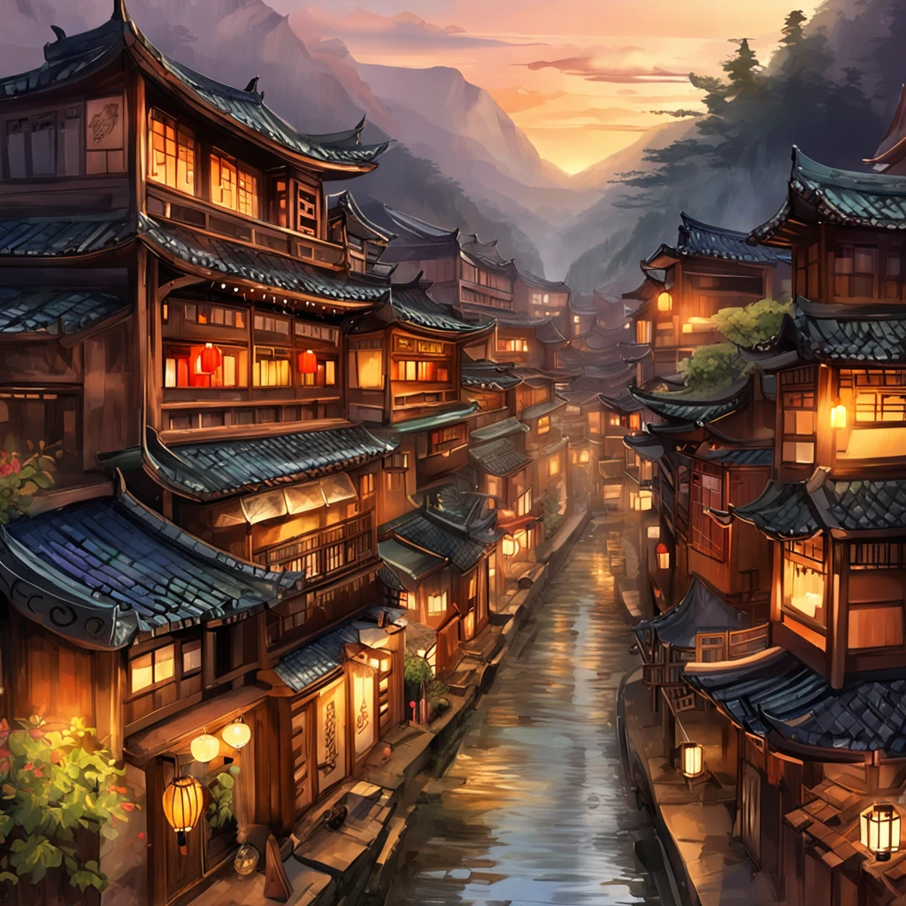 Arafed view of a village,a lot of lights on the buildings,dreamy Chinese towns,Chinese Village,amazing wallpapers,A Japanese town,Japanese village,surreal photo of a small town,old asian village,A Japanese or Taiwanese street shopping street,Japan city,Raymond Han,rainy evening, Cyberpunk ancient Chinese castle, Well-lit building, In the evening in the rain, Beautiful and aesthetic, photography of, cinematic ligh, 8k, high detal ((very heavy rain)))