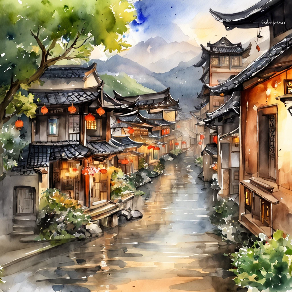 Arafed view of a village,a lot of lights on the buildings,dreamy Chinese towns,Chinese Village,amazing wallpapers,A Japanese town,Japanese village,surreal photo of a small town,old asian village,A Japanese or Taiwanese street shopping street,Japan city,Raymond Han,rainy evening, Cyberpunk ancient Chinese castle, Well-lit building, In the evening in the rain, Beautiful and aesthetic, photography of, cinematic ligh, 8k, high detal ((very heavy rain)))