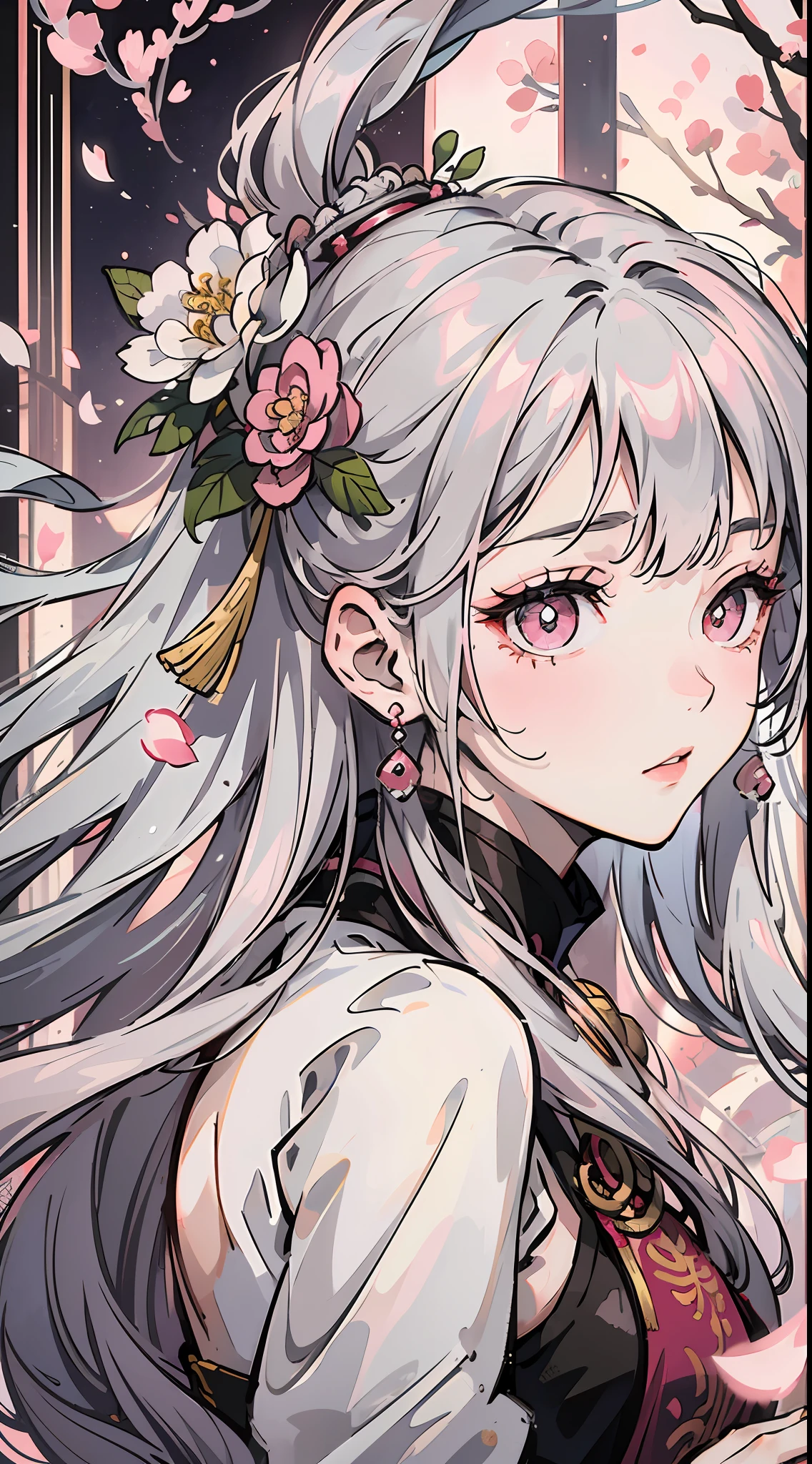 8K Masterpiece Superb Night Full Moon 1 Female Chinese Style Chinese Architecture Mature Woman Sister Silver White Long Hair Woman Long Hair Light Pink Lips Calm Rational Bangs Gray Pupils Pink Flowers on Head, Flower Background, Petals Dancing, Delicate Face, Delicate Hands, Close Up --auto --s2