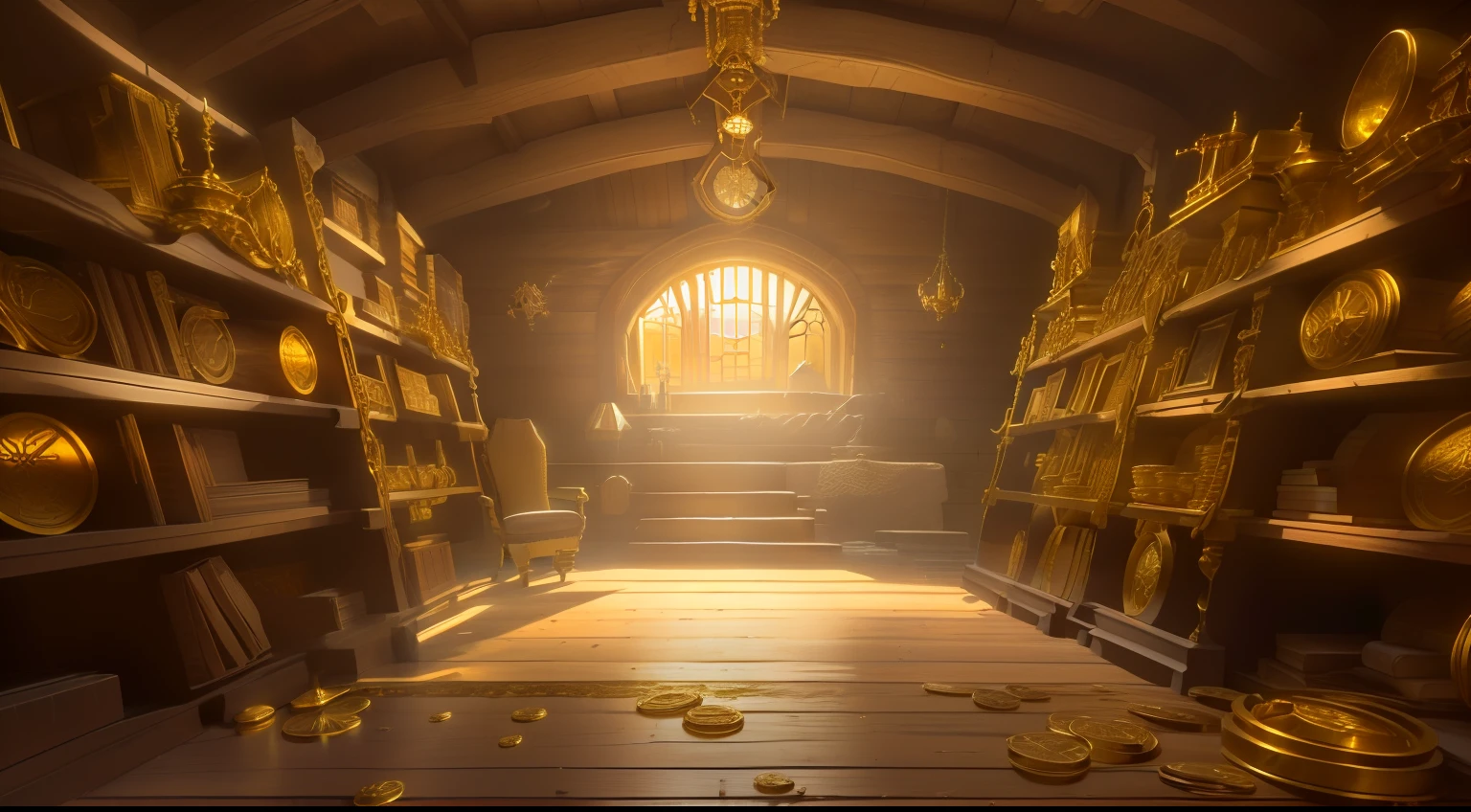 In the treasure chamber of the cabin, the shelves on both sides were filled with gold and jewelry, and the floor was also scattered with gold coins, and at the end of the wall there was a window with a glow of blue light, on both sides of the window, complex mechanical structural parts, and the roof of the warehouse had wooden curved beams