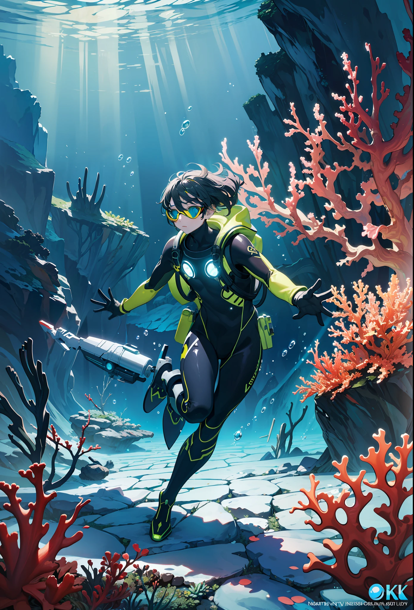 Masterpiece, best quality, (very detailed CG unity 8k wallpaper) (best quality), (best illustration), (best shadows), futuristic underwater garden, coral, seaweed, 1 man wearing a scuba diving suit, flippers, goggles, swimming, bubbles, dynamic pose, dynamic angle, action pose, underwater futuristic facility, high tech