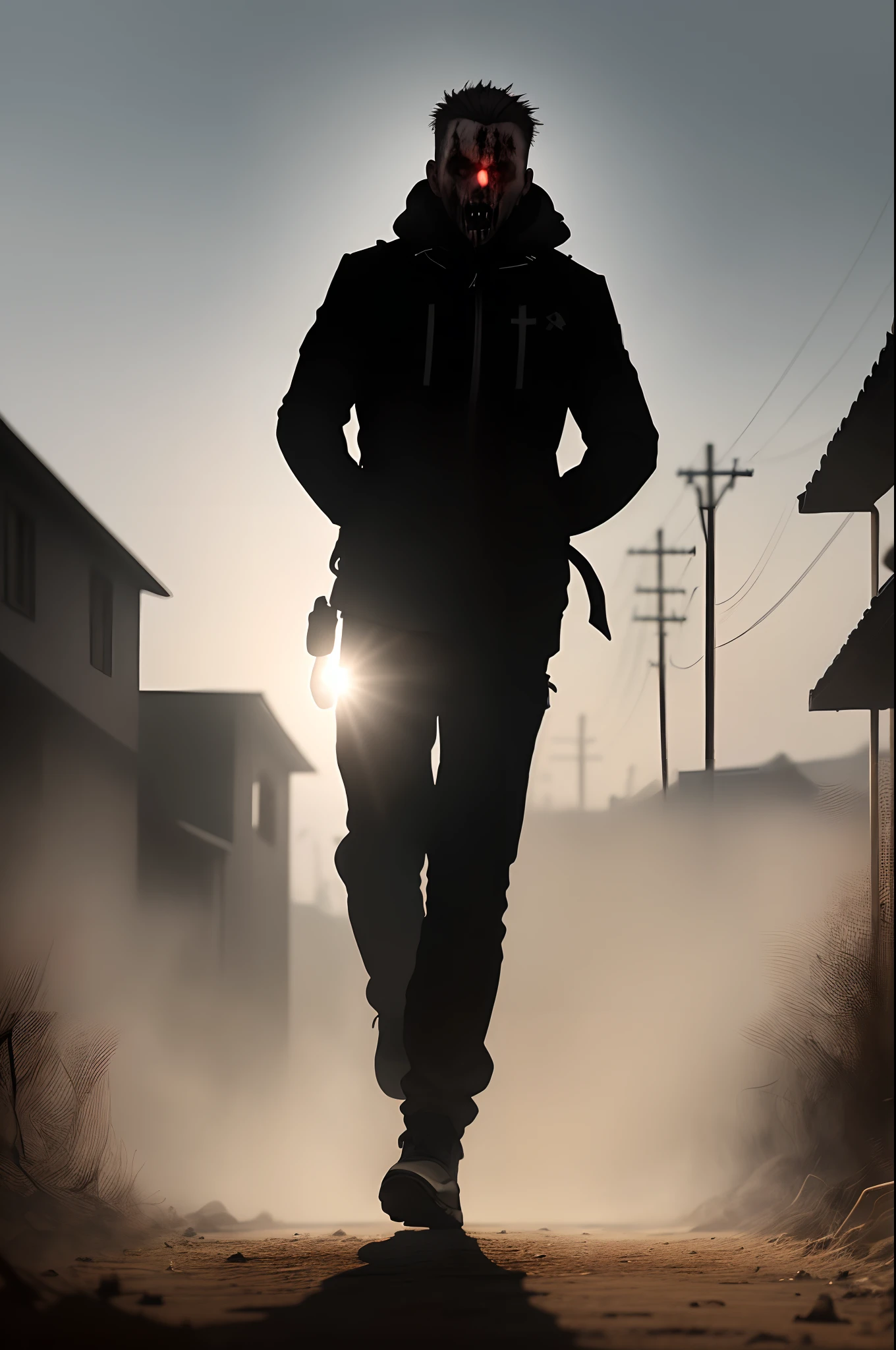 A man is walking towards the camera, his face in shadow, his clothing covered in dirt and blood. He looks menacing and dangerous, his slow, deliberate strides sending chills down her spine. This could be a scene from a horror movie, or it could be something more sinister. The only thing we can see is his silhouette, which is all that's necessary to create an intense sense of fear and suspense. (long shot)