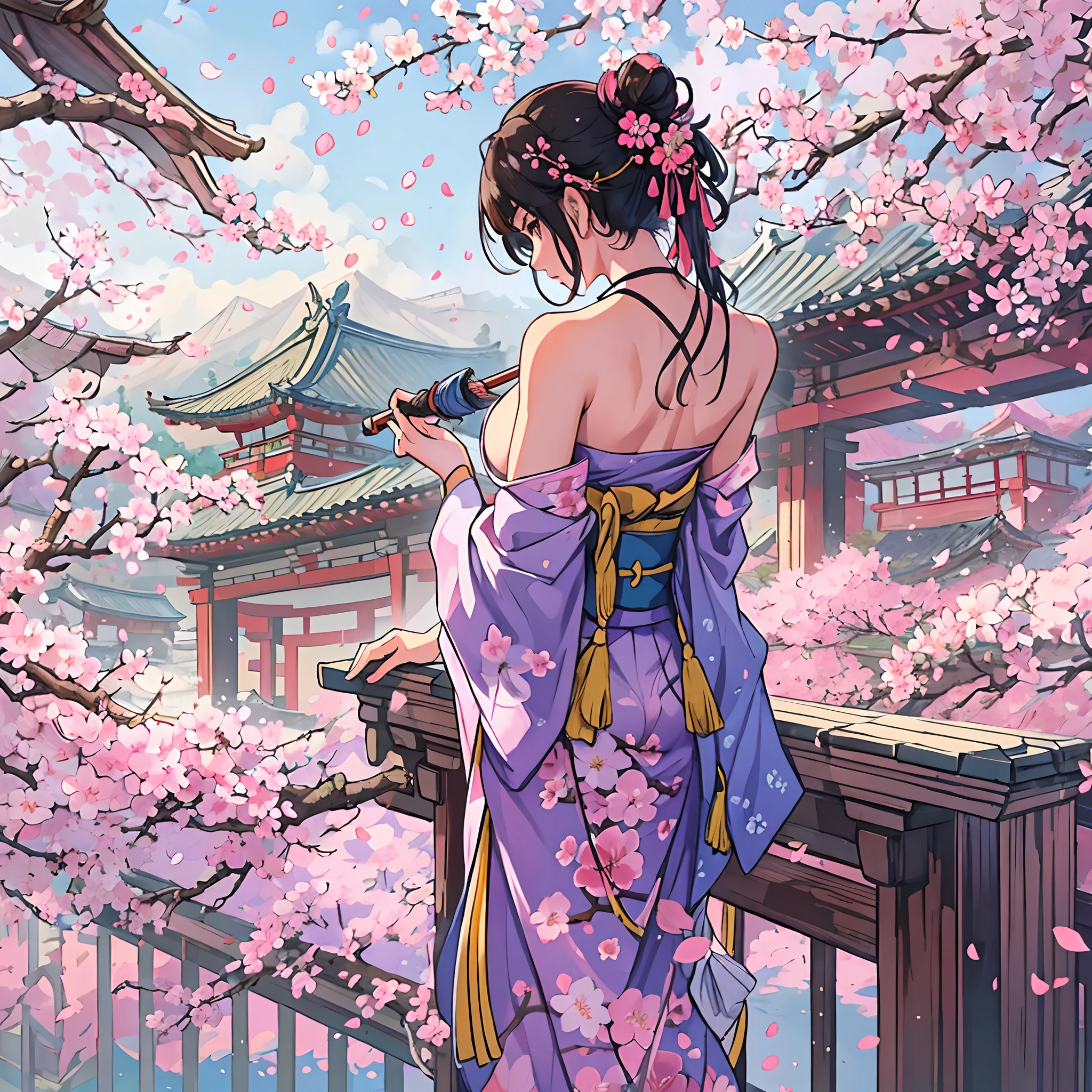 A beautiful woman, (mature face:1.4), architecture, ass, back, bare shoulders, black hair, blue sky, branch, breasts, bridge, brown eyes, cherry blossoms, closed fan, day, east asian architecture, falling petals, floral print, flower, from behind, hair ornament, hanami, japanese clothes, kimono, kneepits, long hair, looking at viewer, looking back, obi, petals, petals on liquid, pink flower, plum blossoms, railing, sash, sideboob, sky, solo, spring \(season\), standing, tree, umbrella, wisteria