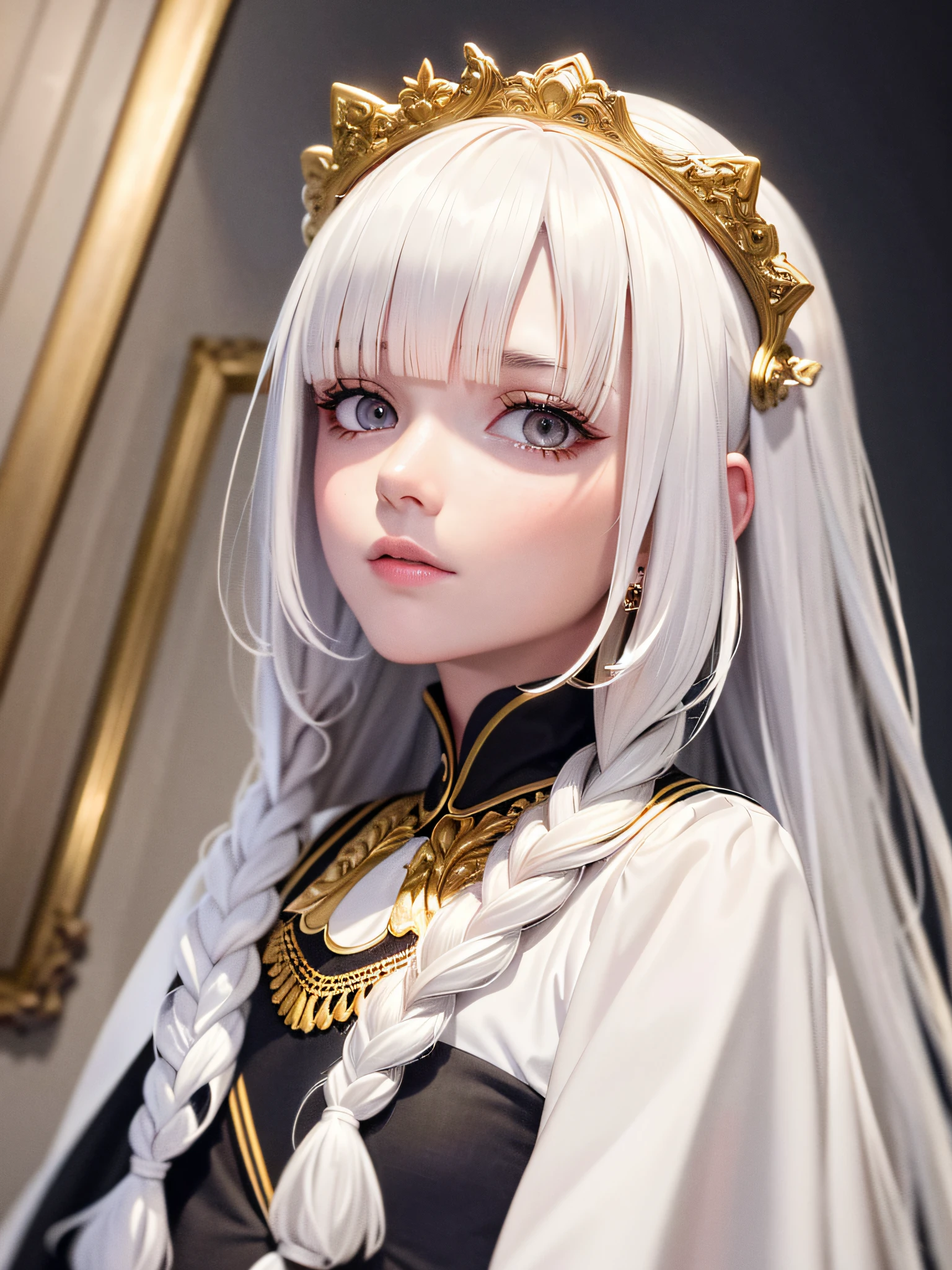 best quality, masterpiece,white hair, gold eyes,white clothes, looking up, upper body,hair strand,Fair skin,side braids
