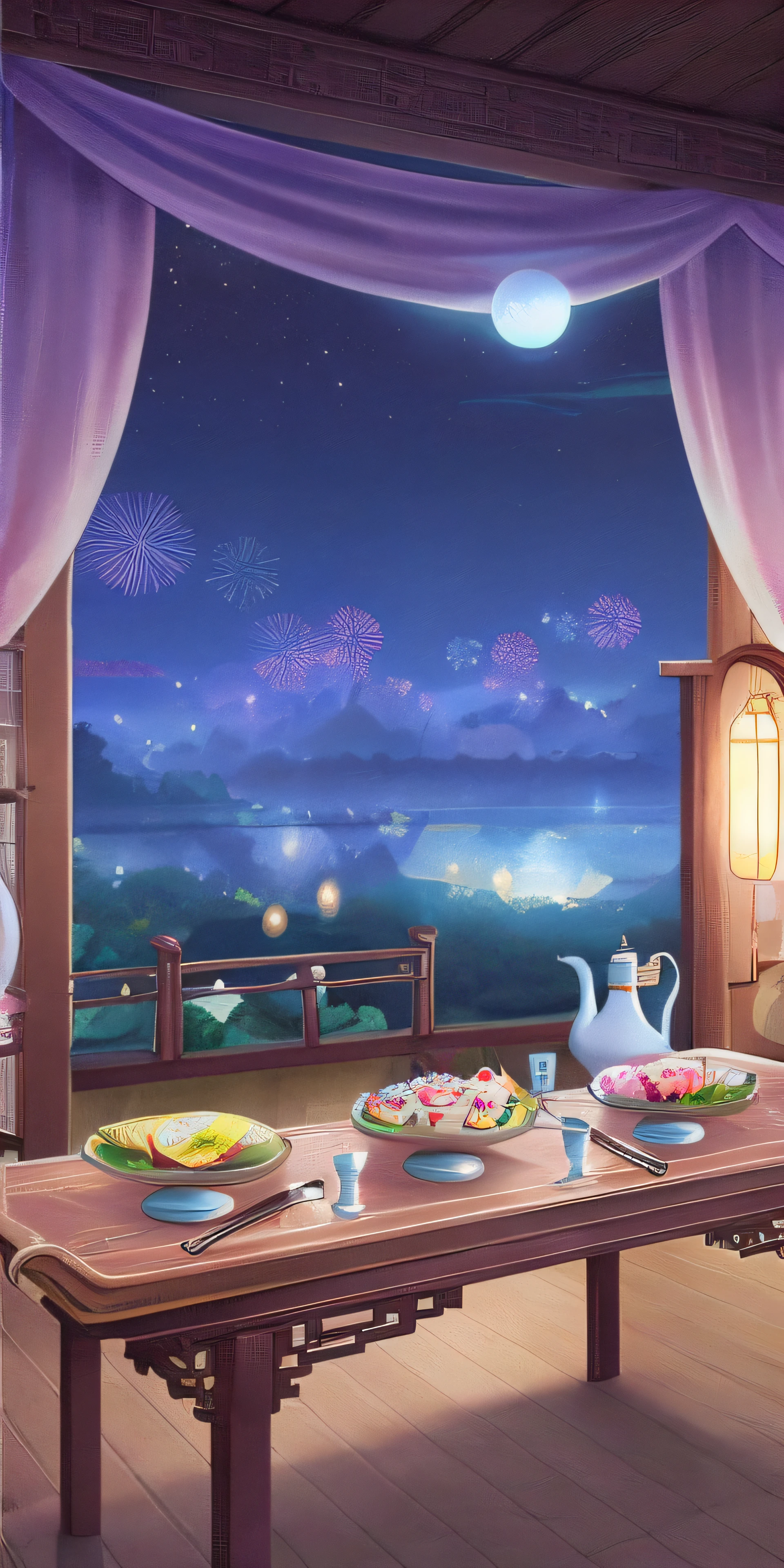 There is a table，There was a teapot and a plate of food on top, Anime background art, Magical background, calm evening, , Landscape wallpaper aesthetics, arte de fundo,, colorful anime movie background