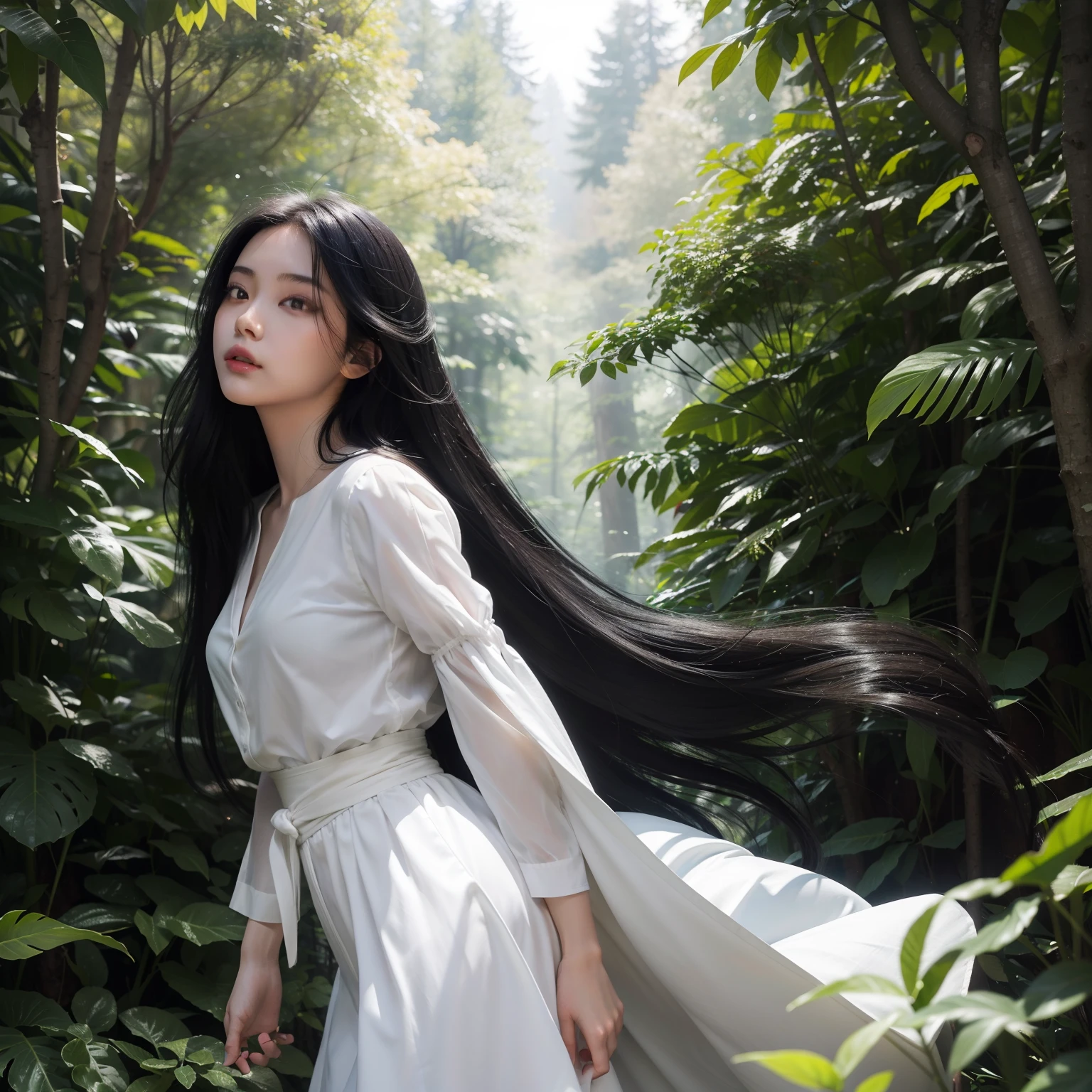 (A girl with long black hair)(Long hair and waist,Half tied hair)(Delicate and beautiful face)(with fair skin)(Wear a white gauze skirt)(solid circle eyes)(In a tree-lined forest)(Light shines through the gaps in the leaves, forming the Tyndall effect)(A high resolution)(Dynamic background)(dynamic viewing angle)(Masterpiece)