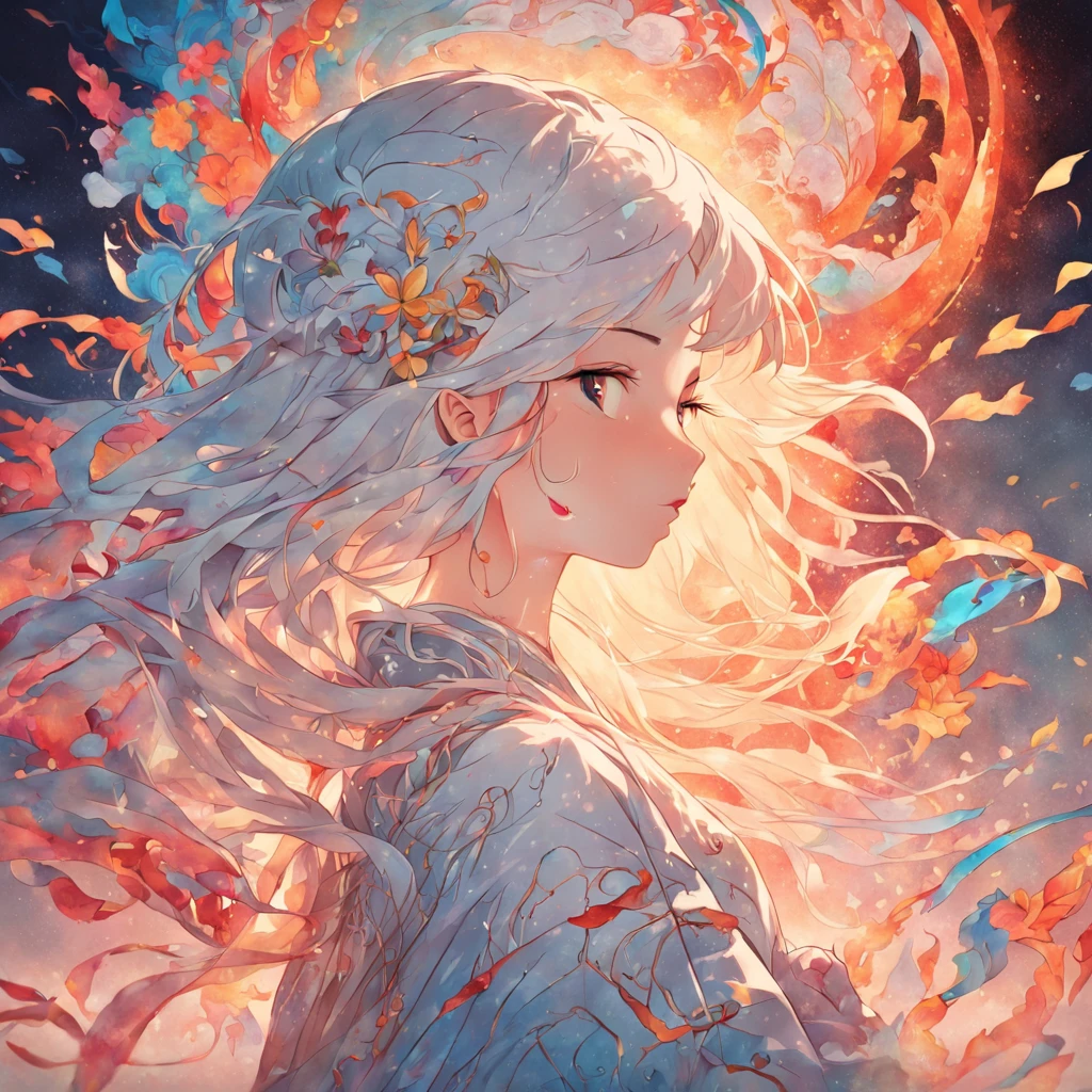 (White background:1.4),(Silhouette of a girl's head, Eyes closed, colorfull long hair, Oriental elements),(Chinese illustration:1.3,paper art:1.3, Quilted paper art:1.2),( reasonable design, Clear lines, High sharpness,Best quality, Very detailed, Masterpiece, movie light effect, 4K )