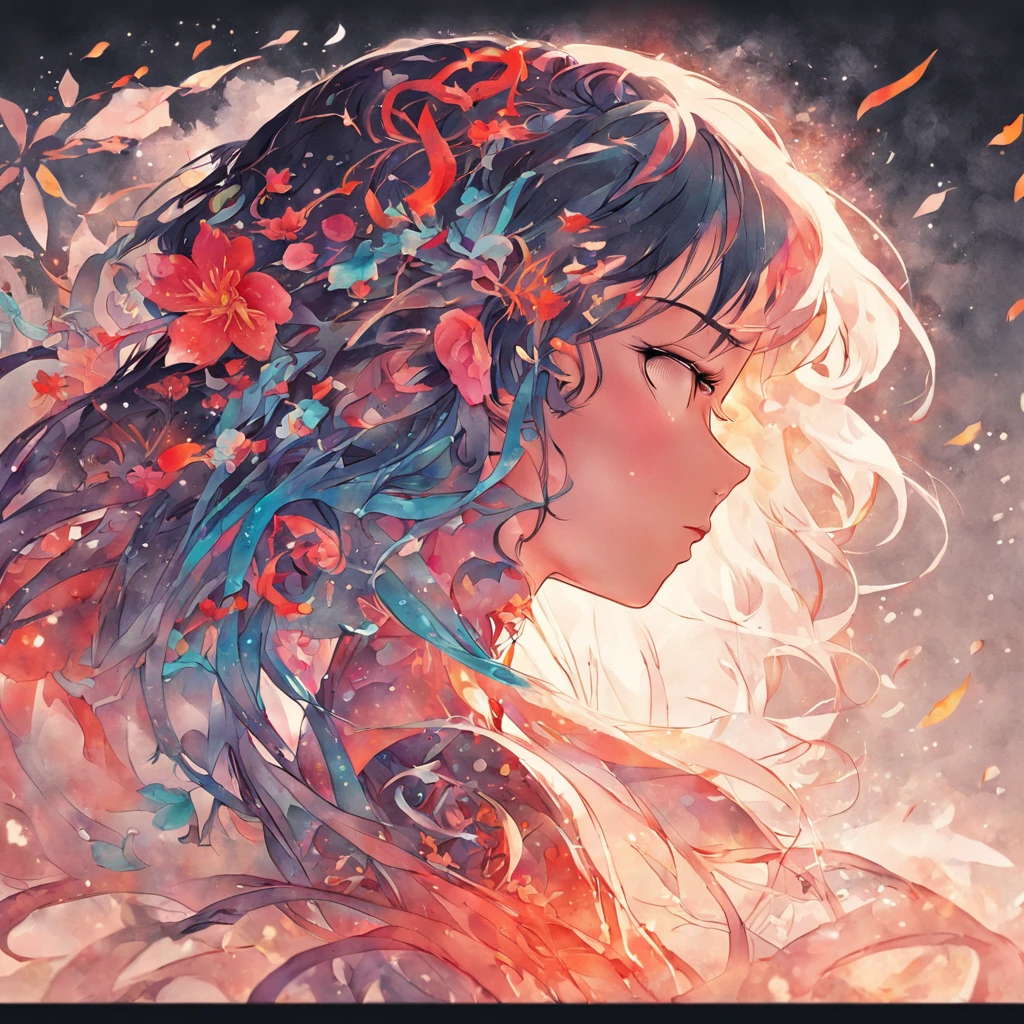(White background:1.4),(Silhouette of a girl's head, Eyes closed, colorfull long hair, Oriental elements)，(Chinese illustration:1.3，paper art:1.3, Quilted paper art:1.2),( reasonable design, Clear lines, High sharpness,Best quality, Very detailed, Masterpiece, movie light effect, 4K )