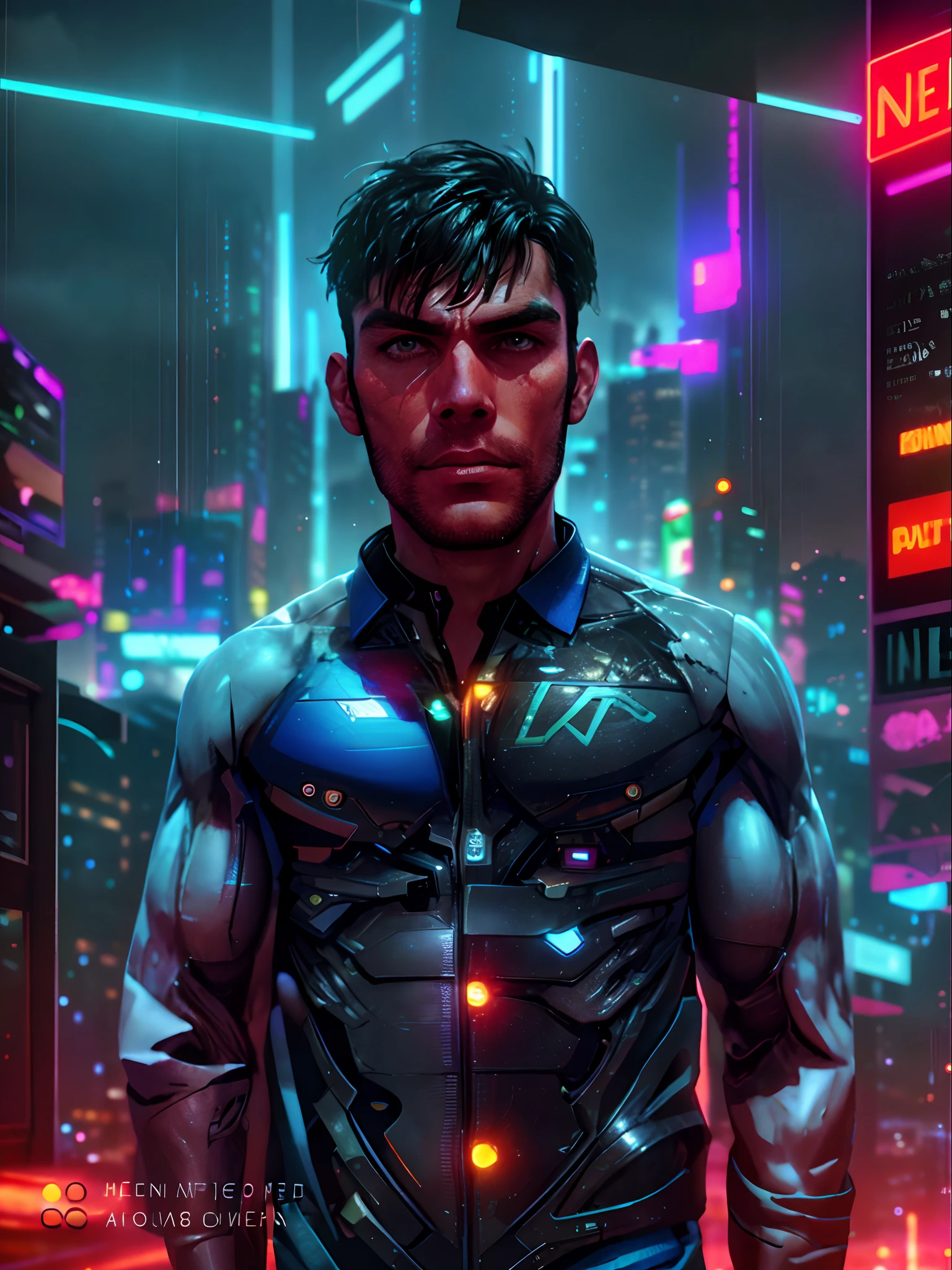 Change background Superman high-tech stands imposing in a cyberpunk city. Neon highlights your muscles and scars. The scenery is lush and mysterious, with night city and surroundings. The camera details everything, neon lights, rain
