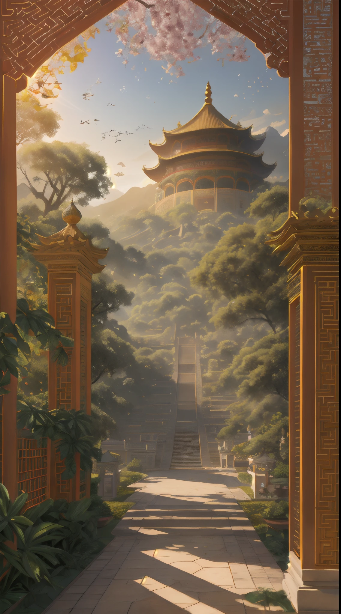 Palace, vines everywhere, huge and damp trees, masterpieces, best quality, very detailed CG unified 8k wallpaper, oil painting, Gobi desert, Dunhuang flying sky, flying fairy in light yarn, background bokeh, depth of field, HDR, realism, very delicate, high detail, traditional Chinese style, Chinese style art, stereo lighting