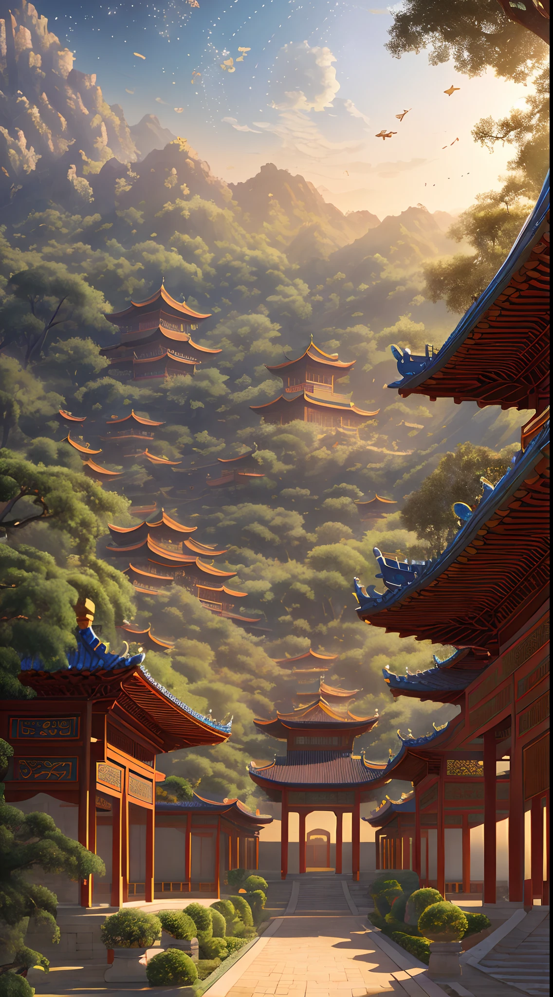 Palace, vines everywhere, huge and damp trees, masterpieces, best quality, very detailed CG unified 8k wallpaper, oil painting, Gobi desert, Dunhuang flying sky, flying fairy in light yarn, background bokeh, depth of field, HDR, realism, very delicate, high detail, traditional Chinese style, Chinese style art, stereo lighting