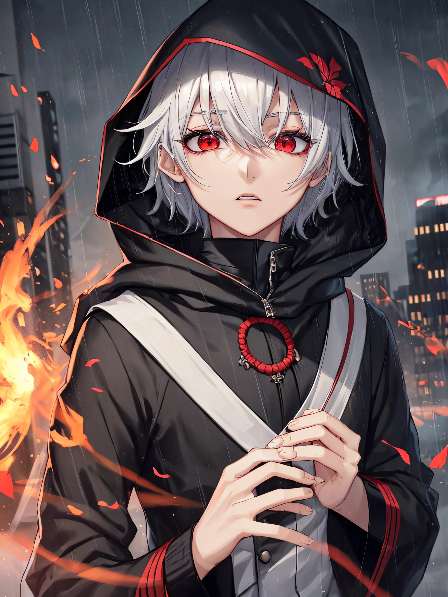 kk, Best quality, More details, Mastery, 1boy, kaneki ken, Portrait, Male focus, Red eyes, Solo, bangs, view the viewer, Hood, Short hair, rain, tokyo tokyo \(City\), hijabi sluty，Nail polishing，whaite hair，luxury goods，8K，the detail，Ray traching，depth of fields，电影灯光，