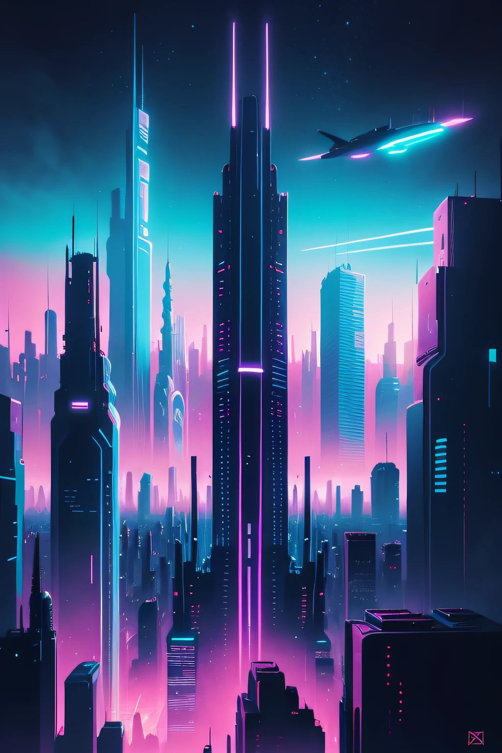 Acrylic painting of a futuristic city, with neon lights, advanced technology, and flying cars, bold brushstrokes, high-contrast, highly stylized