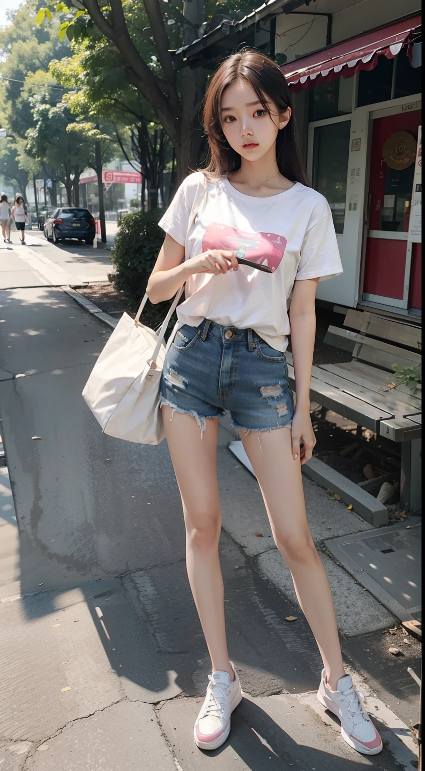 best qualtiy, Full body like，Refined face，18-year-old girl，Slim body，Smaller bust，whitet-shirt，Waistless pink denim shorts，Jiangtan Park scene，Stand tall