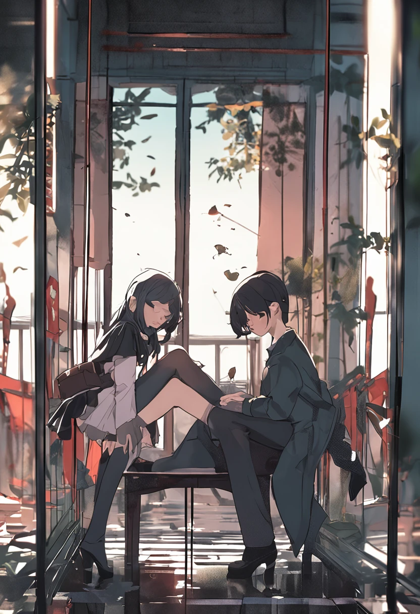 the girl with black hair,She has delicate facial features,sit on chair,The slender legs are wearing black stockings,White and tender jade feet dangled in the sky