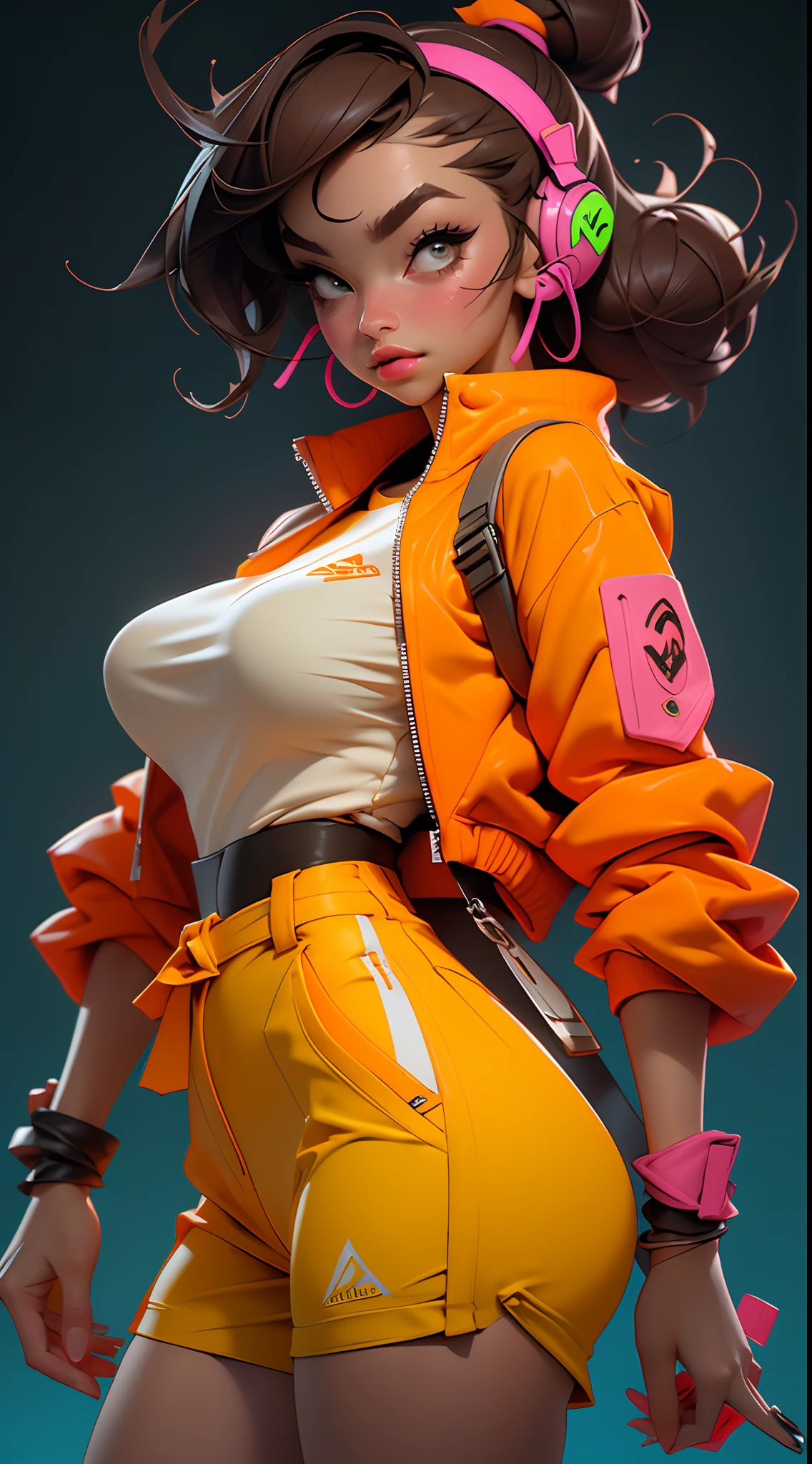 ((best qualtiy)),((tmasterpiece)),((Realistis))Hyper-detail photography with book kids wearing neon headphones。She's having((brunette color hair)),Wear an orange tech jacket,Exuding((Beauty and aesthetics))The atmosphere。Bigchest,Large breasts,