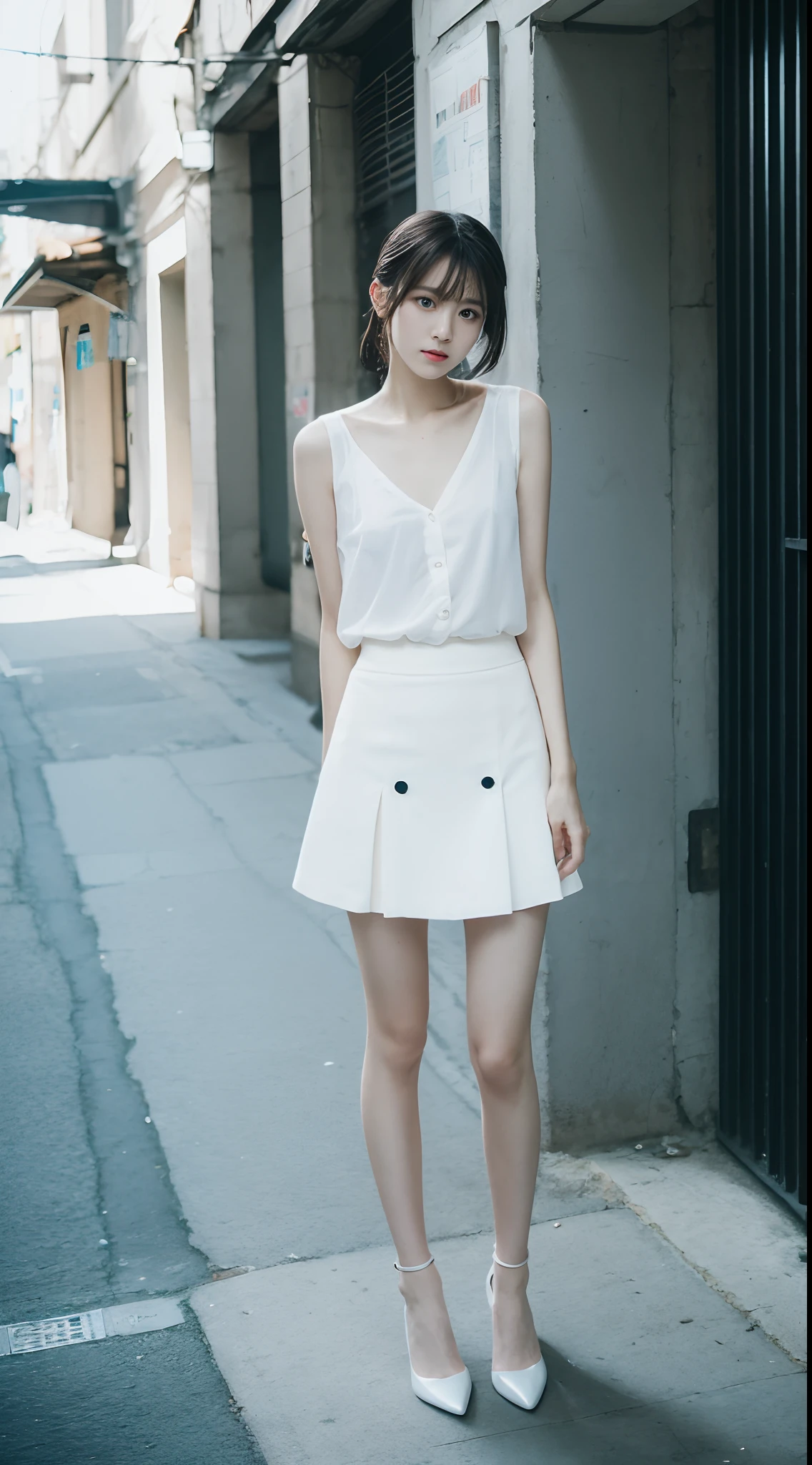 top Quority,Ultra-clear resolution,Clear eyes,plain face,s the perfect face,White skin,Perfect chest,with perfect legs,Long legs,Short black style skirt,Random environment