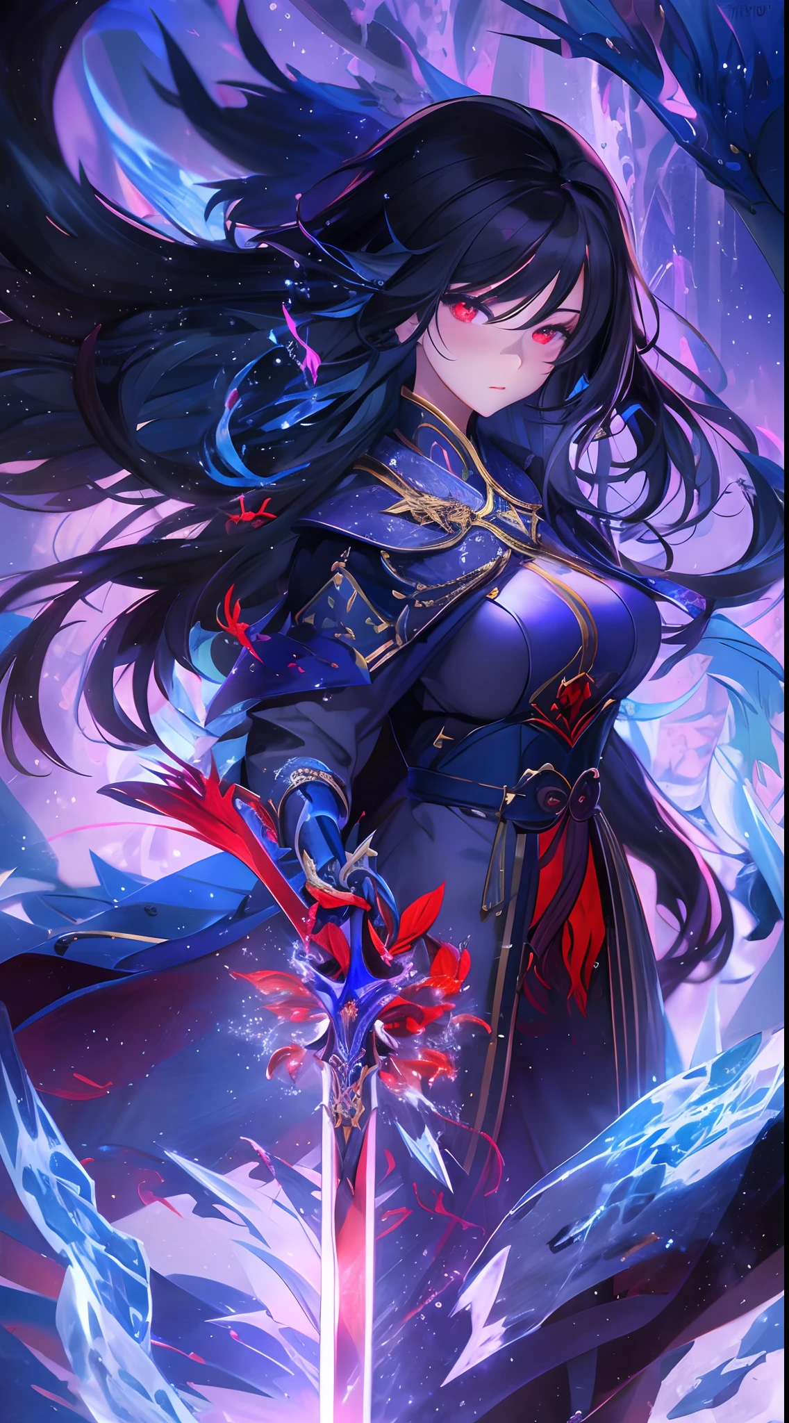 "1girl with black hair and red eyes, embodying the essence of an ice witch. She is surrounded by swirling blood and illuminated by mesmerizing light particles and rays. The background is a captivating wallpaper with high contrast and vibrant colors. A majestic blue fire phoenix soars behind her, and she holds a glowing sword in her hand, ready for battle.+"