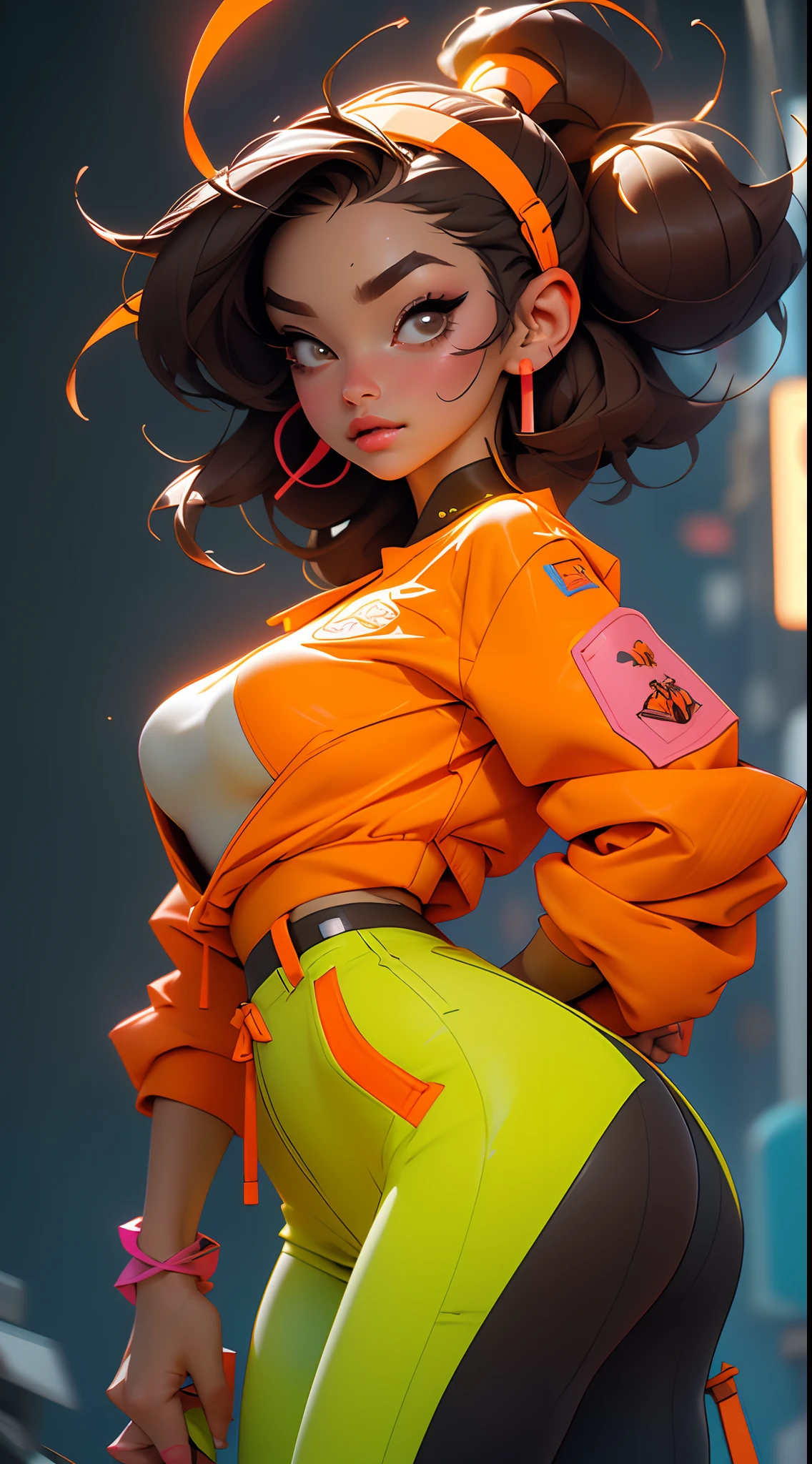 ((best qualtiy)),((tmasterpiece)),((Realistis))Hyper-detail photography with book kids wearing neon headphones。She's having((brunette color hair)),Wear an orange tech jacket,Exuding((Beauty and aesthetics))The atmosphere。Bigchest,Large breasts,