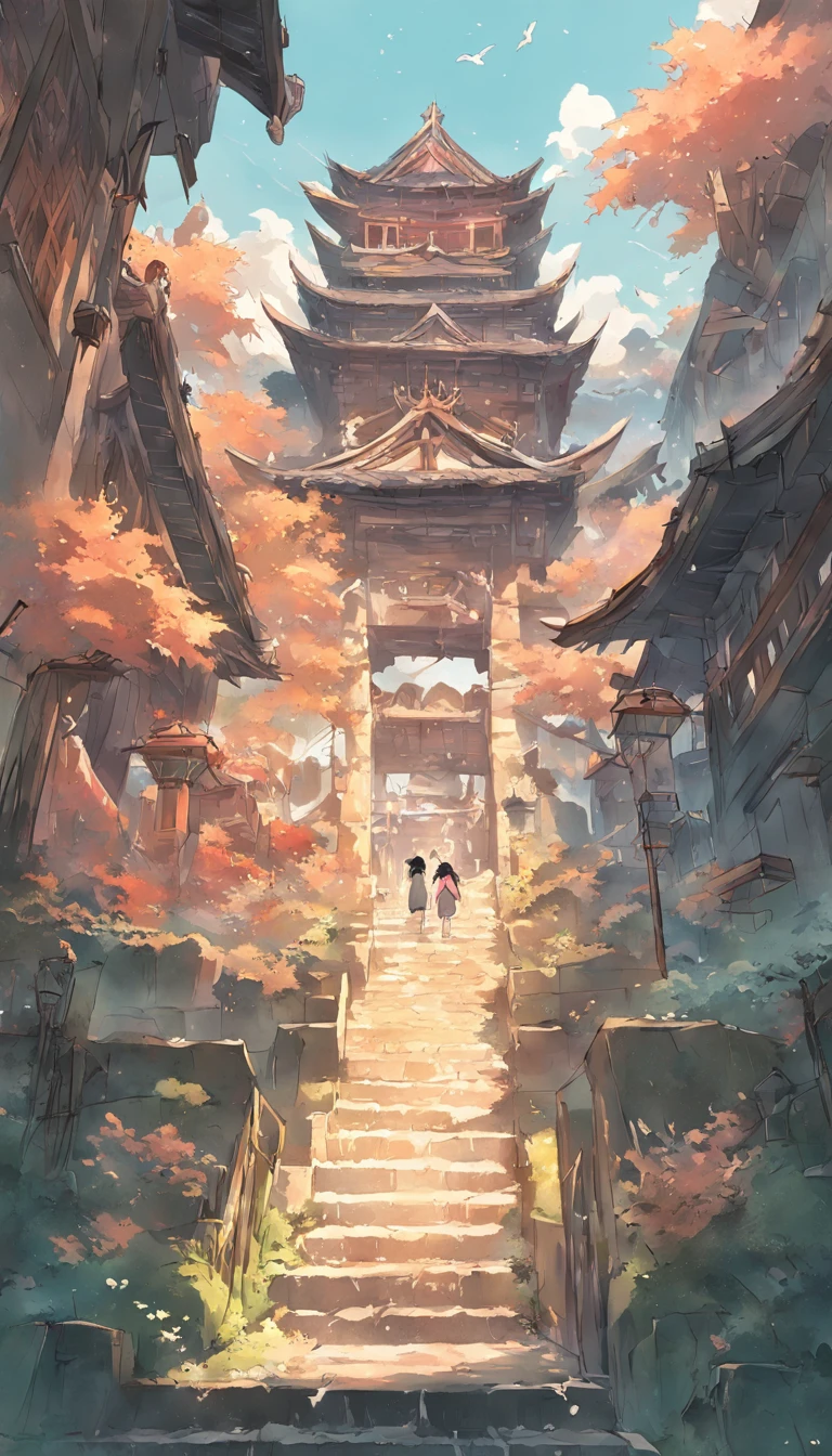 Ancient castle,The periphery is idyllic,Many toiling people,There are many birds flying in the sky,夏天