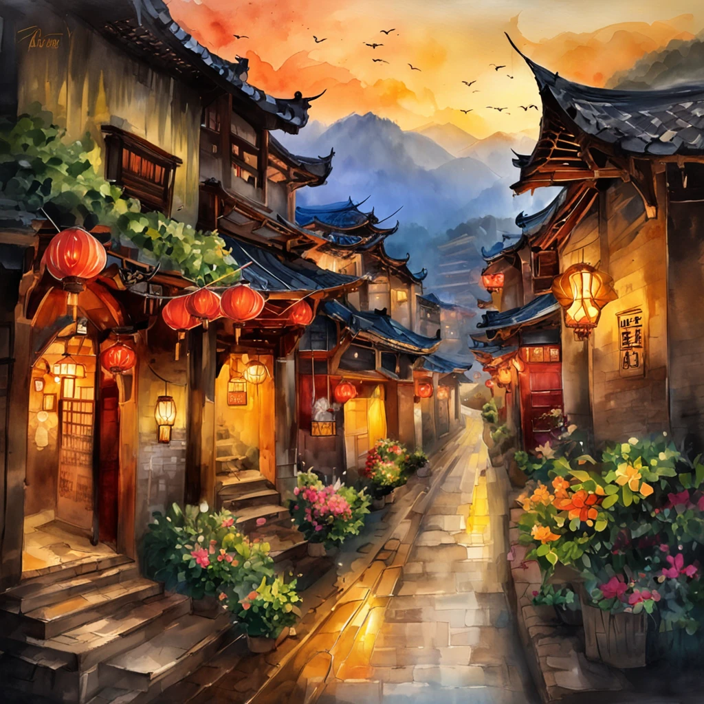 Arafed view of a village，a lot of lights on the buildings，dreamy Chinese towns，Chinese village，Amazing wallpapers，A small town in Taiwan，Taiwanese village，surreal photo of a small town，old asian village，A street shopping street in Taiwan，Taiwan cities，Raymond Han，rainy evening, Cyberpunk ancient Chinese castle, Well-lit building, early evening, Beautiful and aesthetic, photography of, cinematic ligh, 8K, high detal