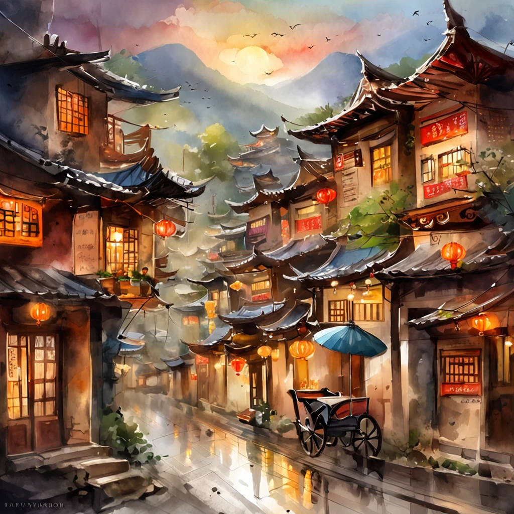 Arafed view of a village,a lot of lights on the buildings,dreamy Chinese towns,Chinese village,Amazing wallpapers,A small town in Taiwan,Taiwanese village,surreal photo of a small town,old asian village,A street shopping street in Taiwan,Taiwan cities,Raymond Han,rainy evening, Cyberpunk ancient Chinese castle, Well-lit building, early evening, Beautiful and aesthetic, photography of, cinematic ligh, 8K, high detal