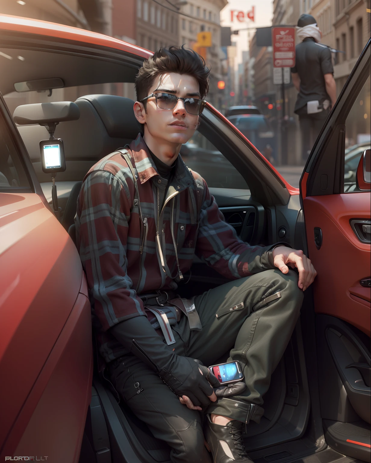 Boy sitting in super car with iphone ulta realu