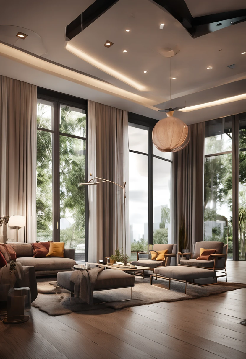 You are a renowned interior designer and have been commissioned to create a 3D image of a modern large room. Create a harmonious environment with modern furniture and a small interior garden to give a natural-