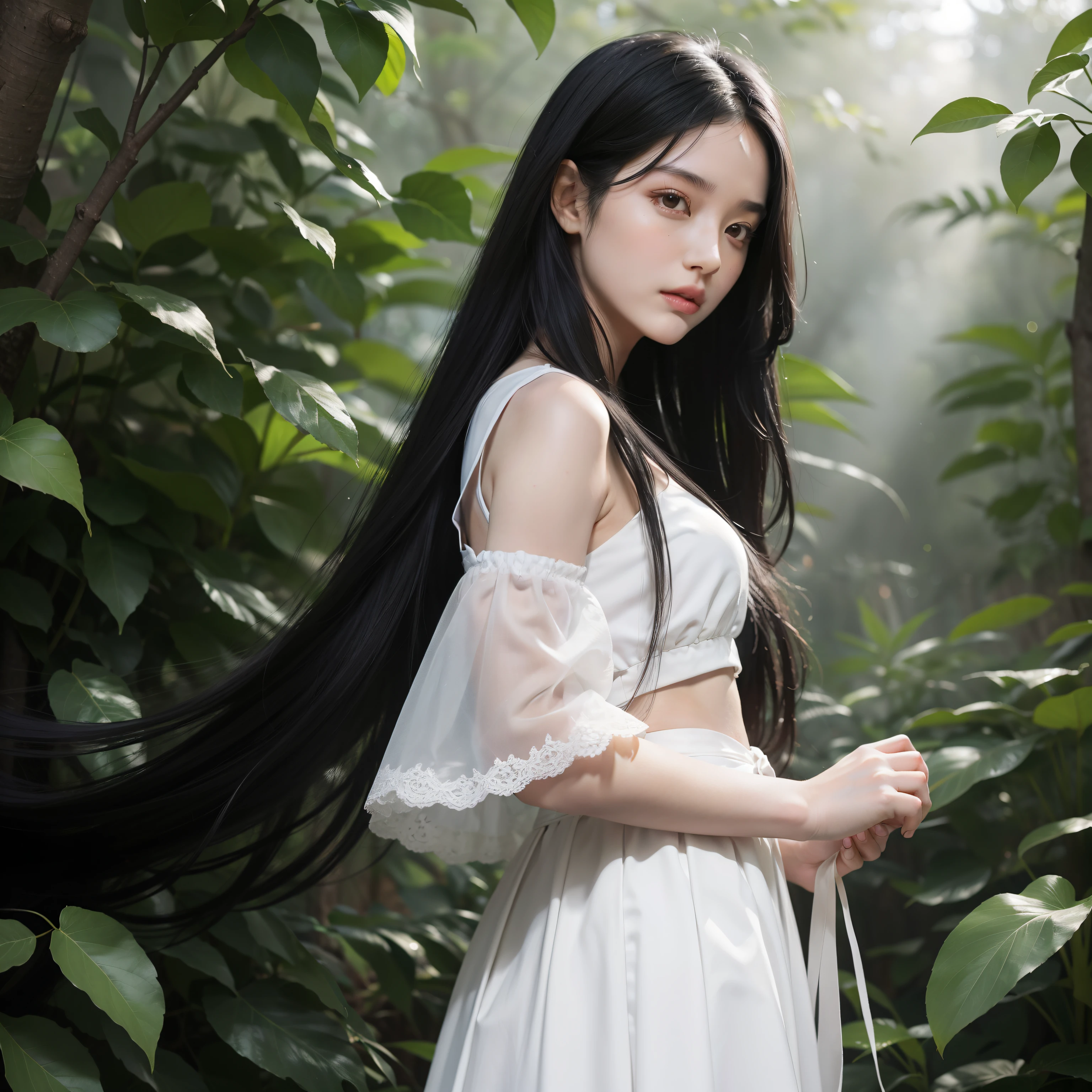 (A girl with long black hair)(Long hair and waist,Half tied hair)(Delicate and beautiful face)(with fair skin)(Wear a white gauze skirt)(solid circle eyes)(In a tree-lined forest)(Light shines through the gaps in the leaves, forming the Tyndall effect)(A high resolution)(Dynamic background)(dynamic viewing angle)(Masterpiece)