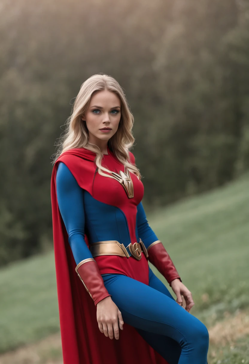 There's a unconventional female superhero, somehow reminiscing of Supergirl, but with no reference to the Supergirl logo or color pattern. She wears a red body suit covering also her arms and legs, with three vertical black buttons on the torso. she has a black belt. she has a white mantle and white gloves. She has blue helmet with two horns like the viking helmets. her mouth is visible, but the eyes are covered by a visor with two holes to let her see through with her blue eyes. She has yellow latex boots high just under the knee. She flies in a cloudy sky at sunrise.