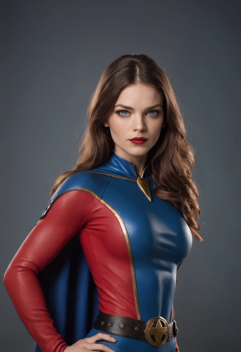 There's a unconventional female superhero, somehow reminiscing of Supergirl, but with no reference to the Supergirl logo or color pattern. She wears a red body suit covering also her arms and legs, with three vertical black buttons on the torso. she has a black belt. she has a white mantle and white gloves. She has blue helmet with two horns like the viking helmets. her mouth is visible, but the eyes are covered by a visor with two holes to let her see through with her blue eyes. She has yellow latex boots high just under the knee. She flies in a cloudy sky at sunrise.