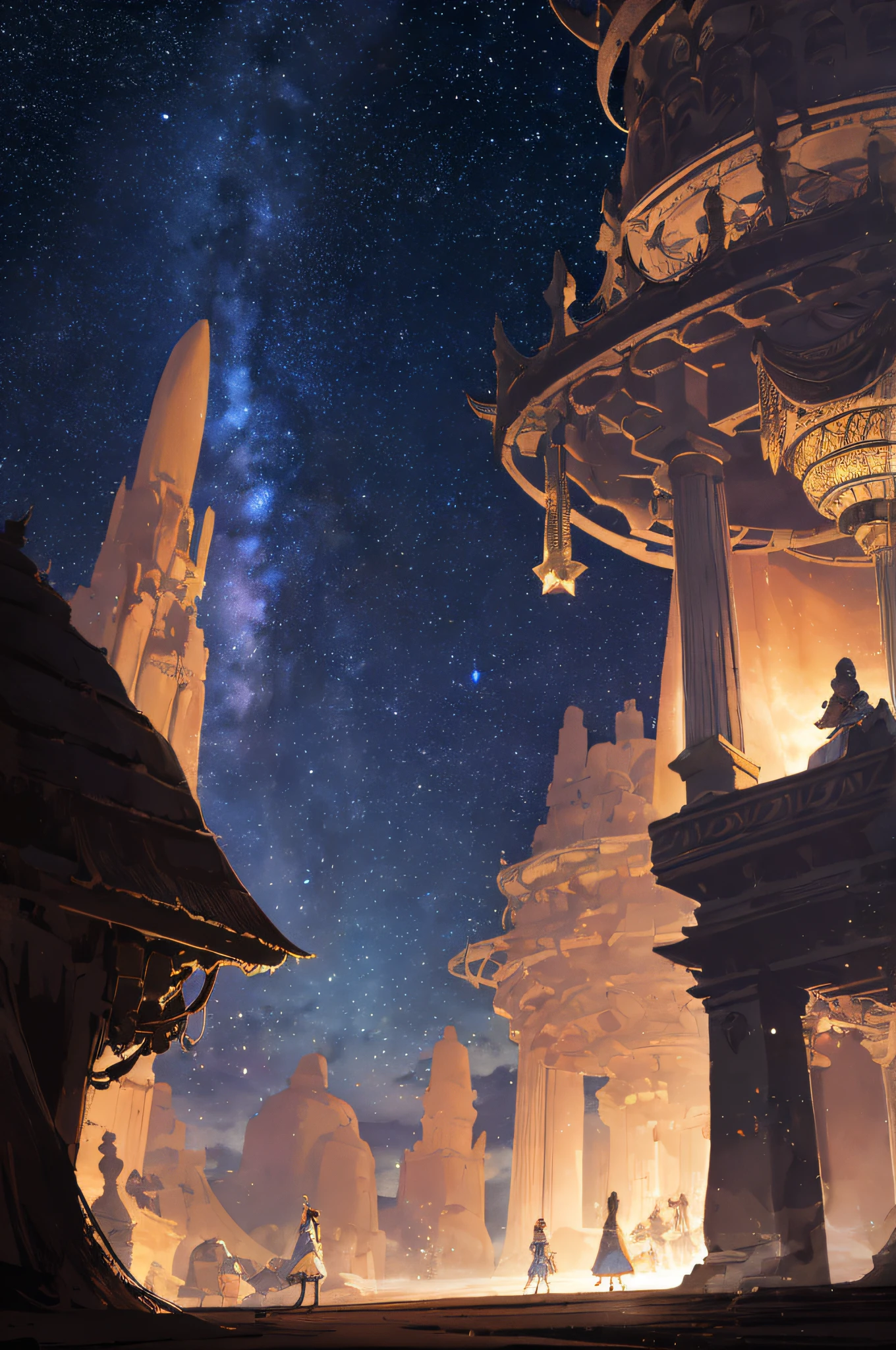 (It depicts a scene in the desert on a moonlit night with a hazy haze, and a princess gazing at the landscape from her camp). (Her outfit is delicate and beautifully designed, and she is clad in enough to keep out the chill of the desert night). (A star-filled sky. The dim camp lights). (Draw the princess small and focus on the background). (Distant view, wide shot, side shot, not looking at us, chocolate skin), (Best quality), (masterpiece:1.3), ultra-detailed, sharp shadows, great detail, depth of field, super detailed background,