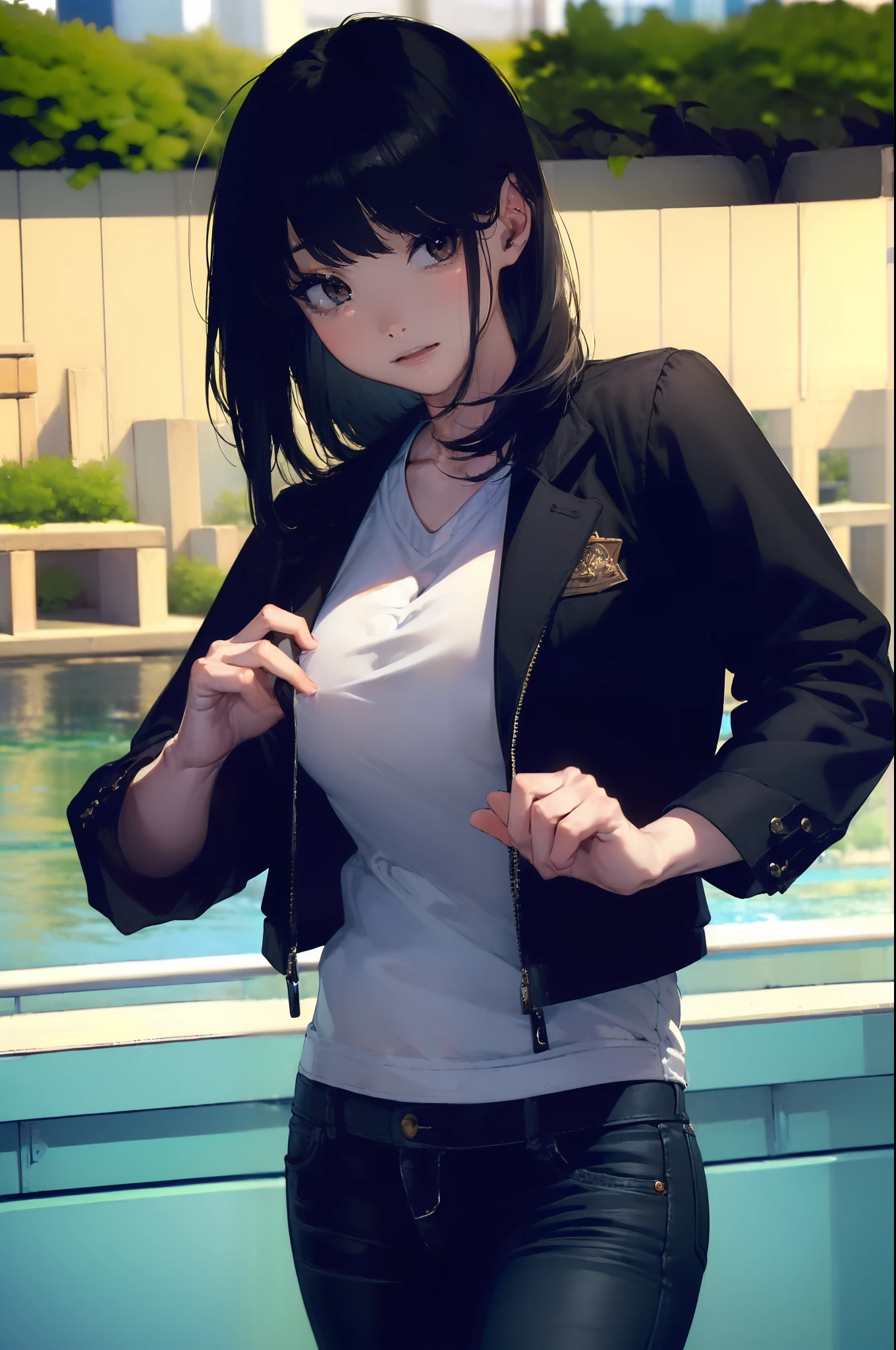 ((((Catch a big black bass by the lake:1.5)))),((Female 28 years old))((Best Quality:1.5)),(((Hands with the correct number and structure of fingers:1.4))),((Big fish:1.37)),hight resolution,ultra-detailliert,​masterpiece,best qualtiy,Eight-headed body,Black hair, long eyeslashes, Solid Circle Eyes, drop shadow, Atmospheric perspective,Super Detail, ccurate, small brest,(Black jacket and jeans :1.1),top-quality, blurry backround, bokeh dof:1.2, (​masterpiece:1.3),  Atmospheric perspective,Super Detail,dynamic compositions,top-quality、​masterpiece、Very beautiful CG、finely detail、​masterpiece