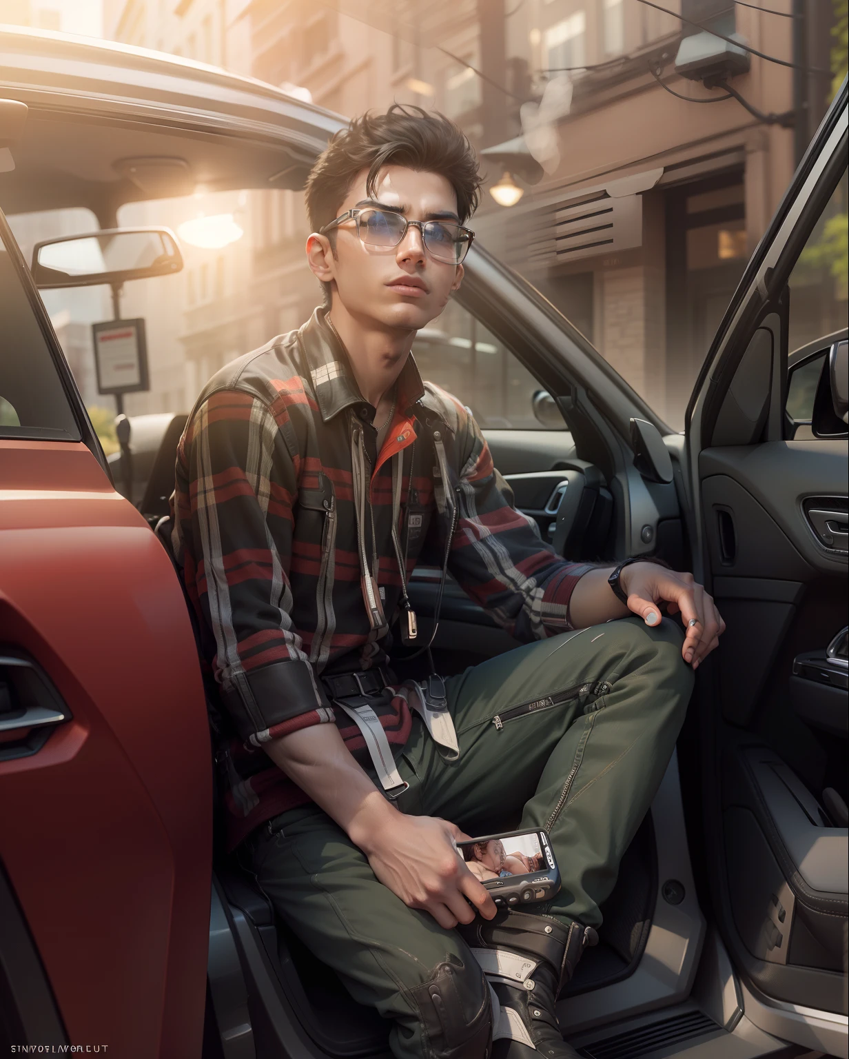 Boy sitting in super car with iphone ulta realu