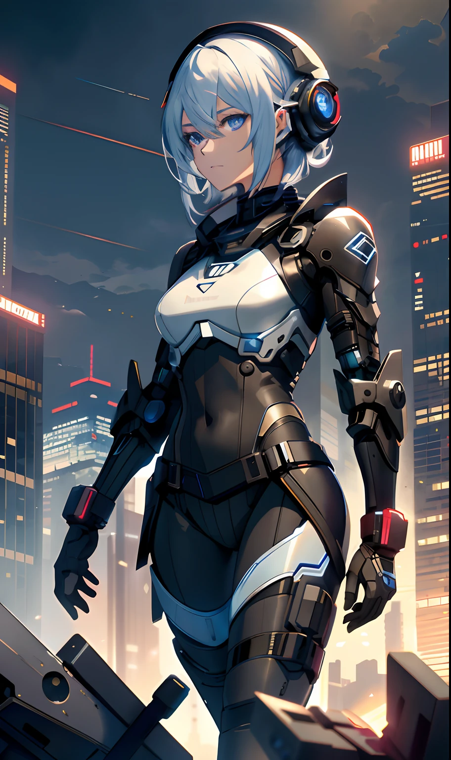Dark blue eyes,Anime characters in futuristic suits standing on rooftops,The background is the city skyline, cyberpunk anime girl mech, Best anime 4k konachan wallpaper, girl in mecha cyber armor, Digital cyberpunk anime art, female cyberpunk anime girl, Kushatt Krenz Key Art Women, anime cyberpunk art, cyberpunk anime girl, digitl cyberpunk - anime art, cyborg - girl with silver hair